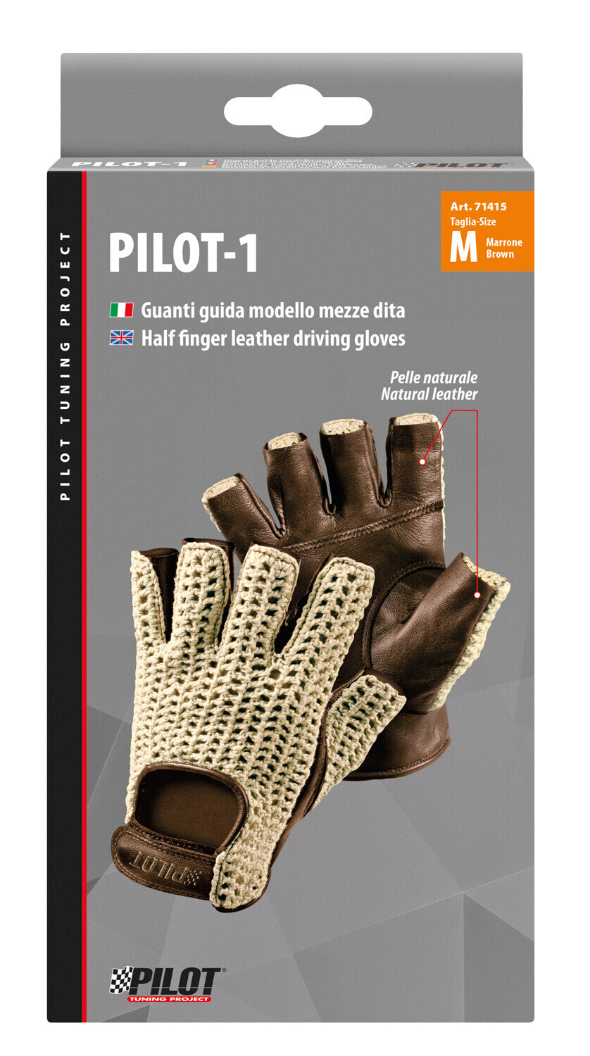 Pilot-1, guanti guida mezze dita - M - Marrone