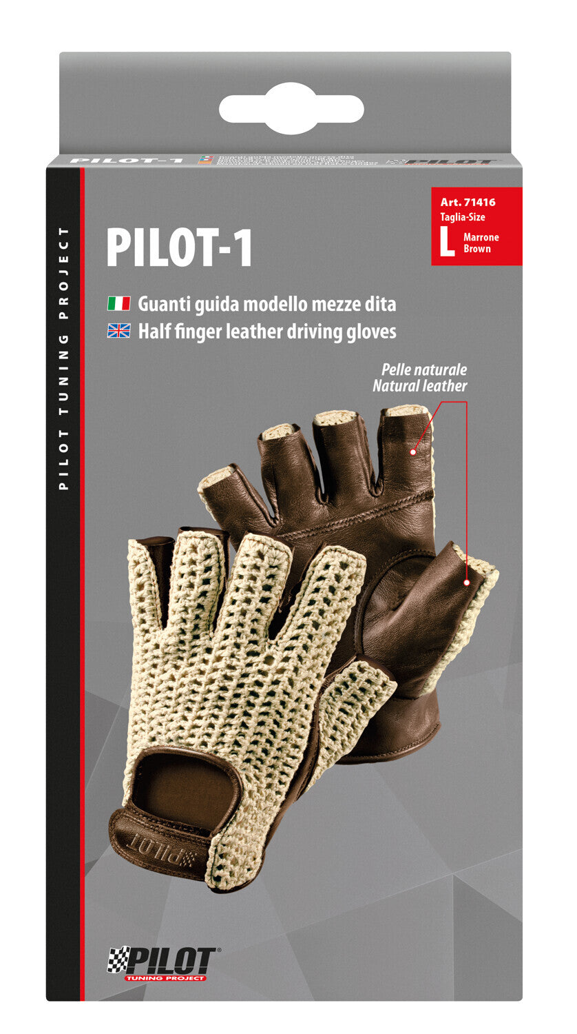 Pilot-1, guanti guida mezze dita - L - Marrone