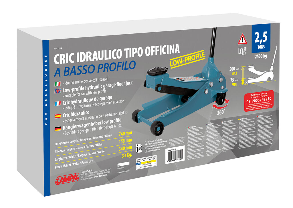 Cric idraulico a carrello, a basso profilo - 2.500 kg