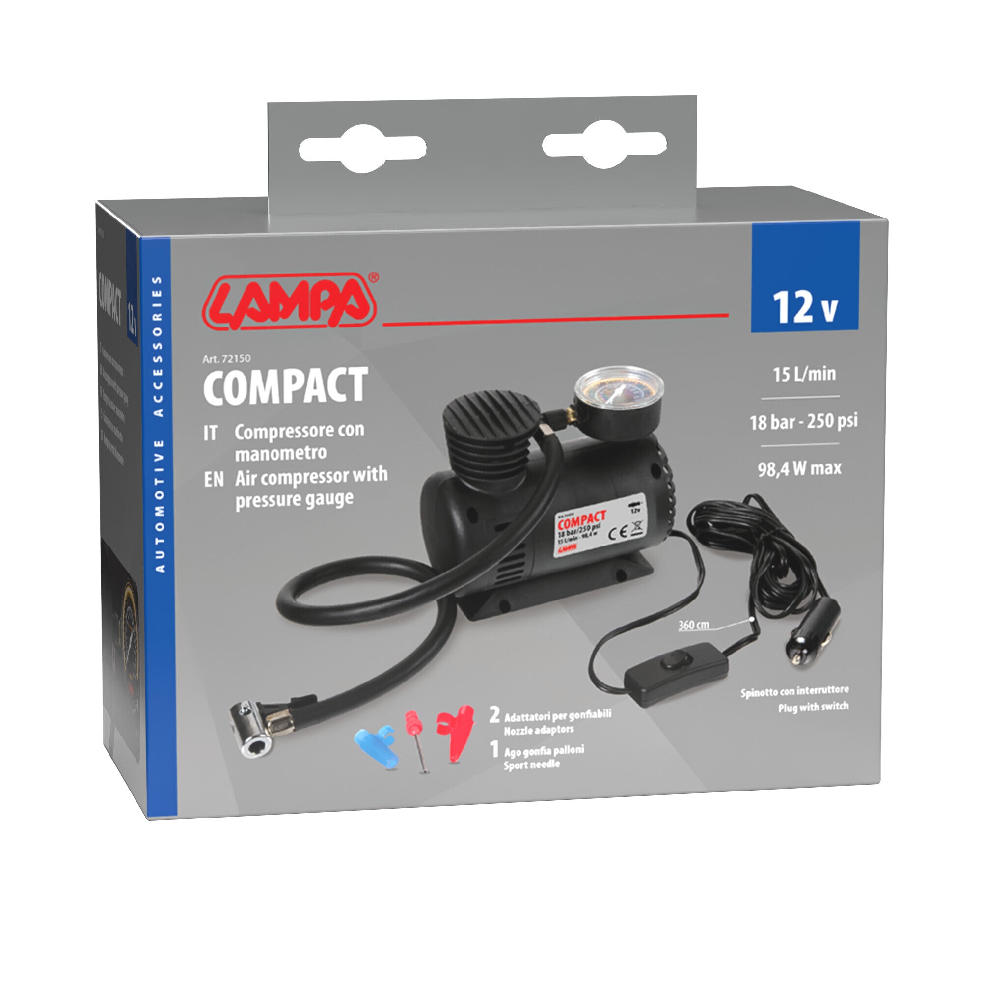 Compact, compressore 12V con manometro
