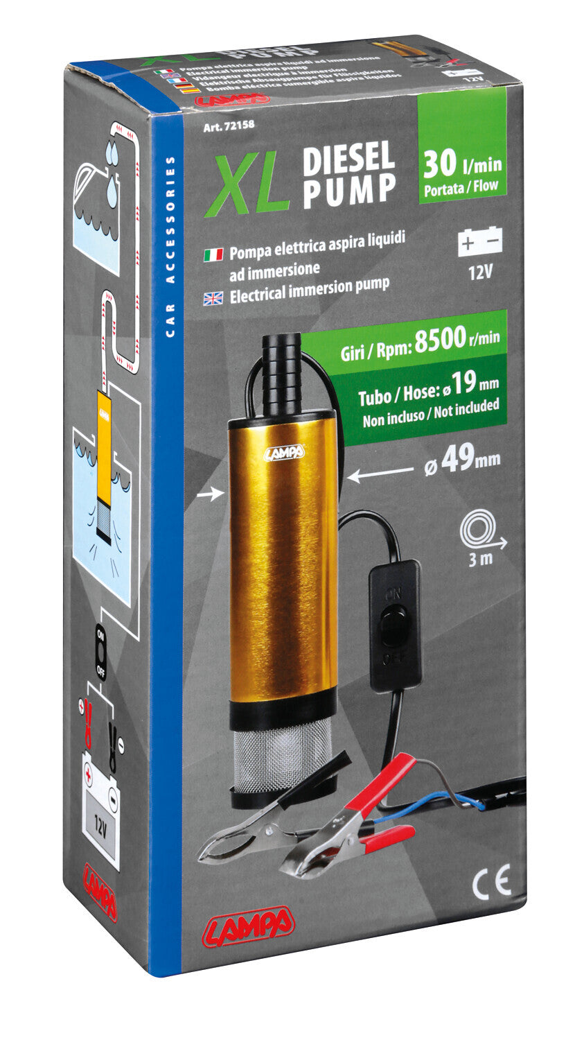 Pompa aspira liquidi elettrica ad immersione, 12V - 50W - 30 L/min