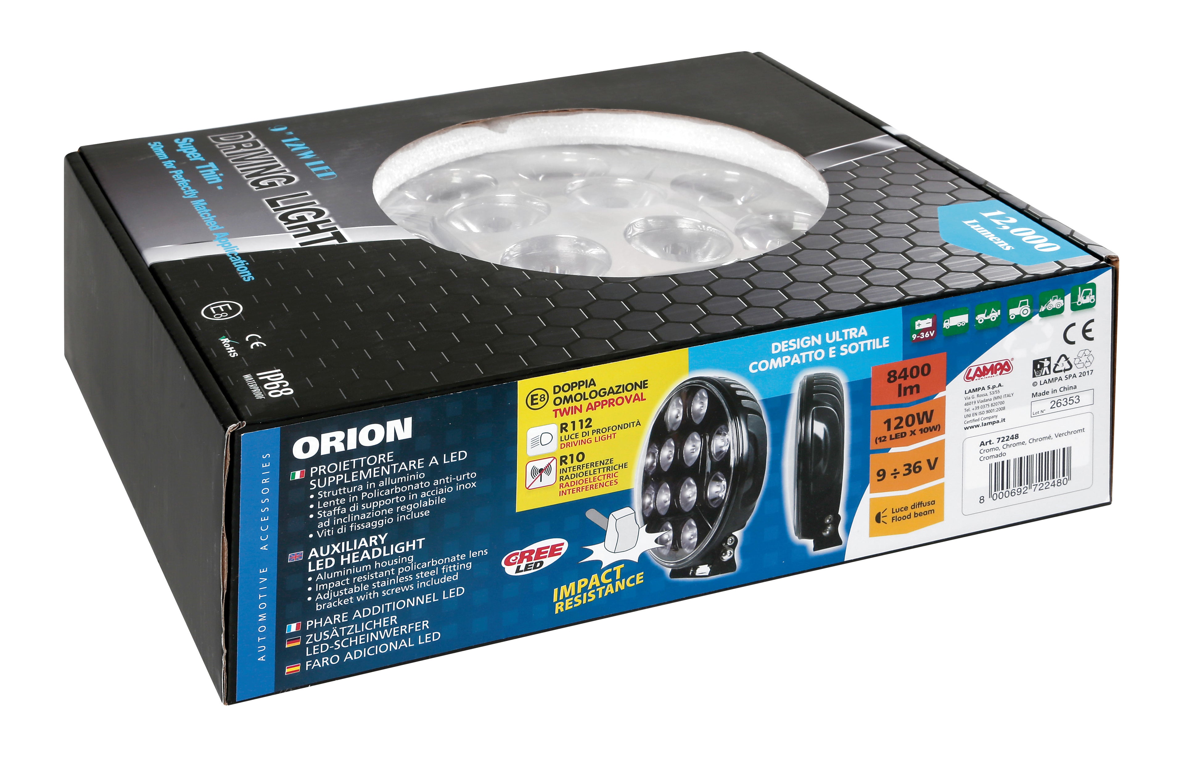 Orion, proiettore supplementare a 12 Led - 12/24V - Ø 215 mm - Cromo