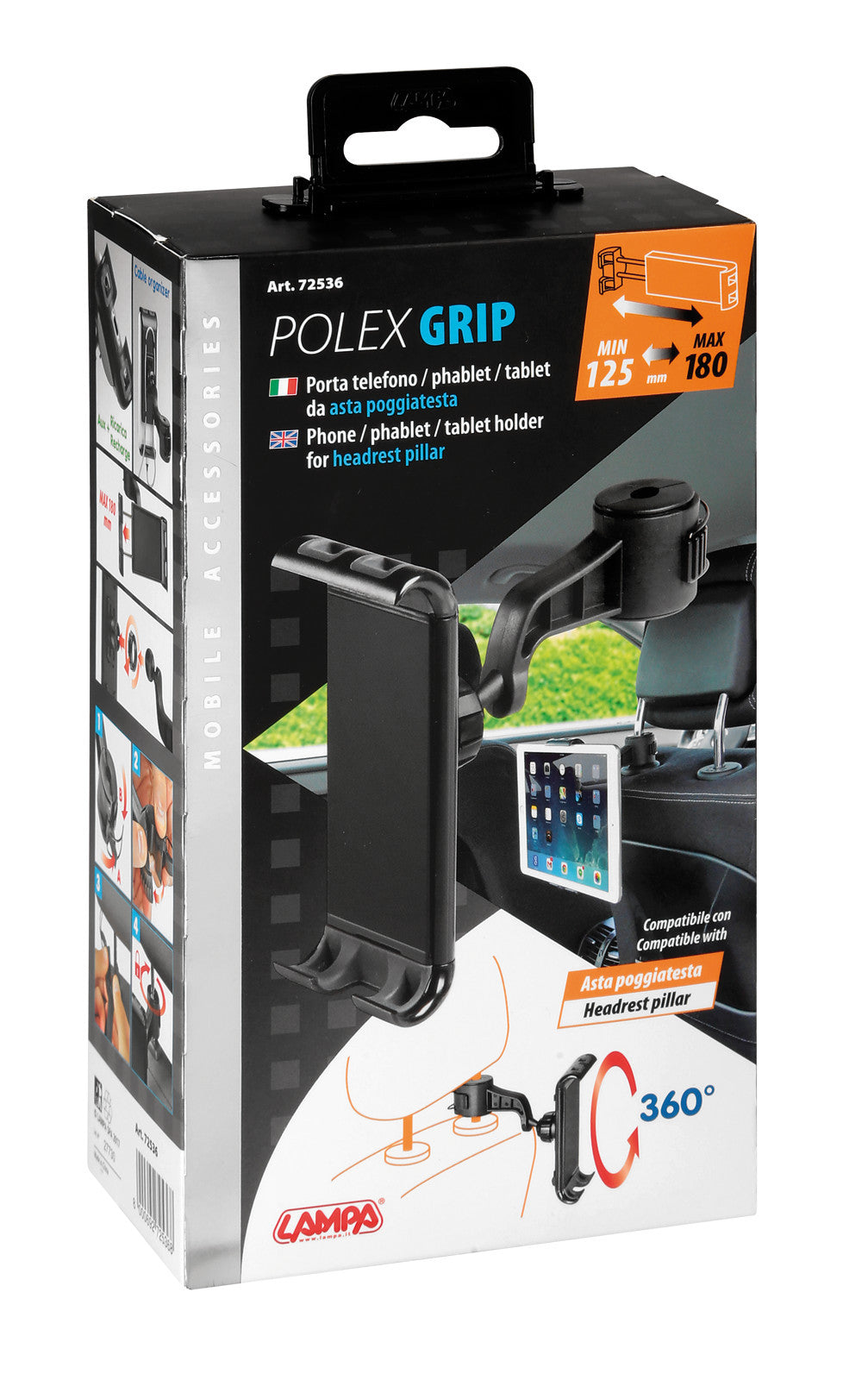 Polex Grip, porta telefono, phablet e tablet per asta poggiatesta
