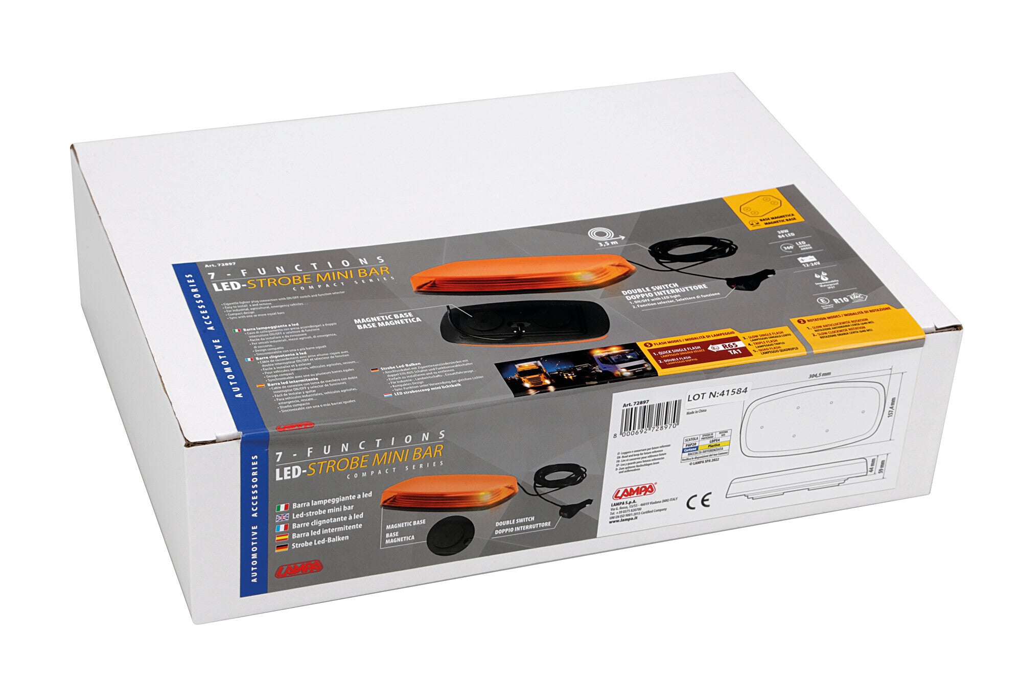 Barra lampeggiante arancio, 7 funzioni, 12/24V