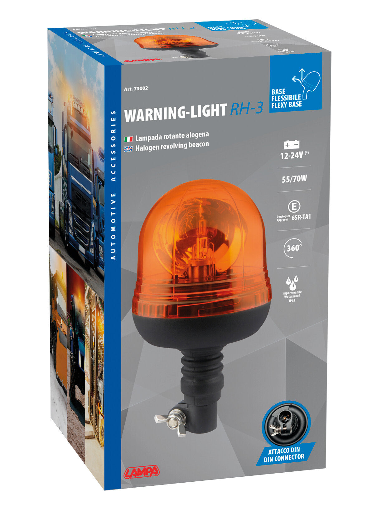 RH-3, luce di segnalazione alogena con base flessibile e attacco DIN, 12/24V