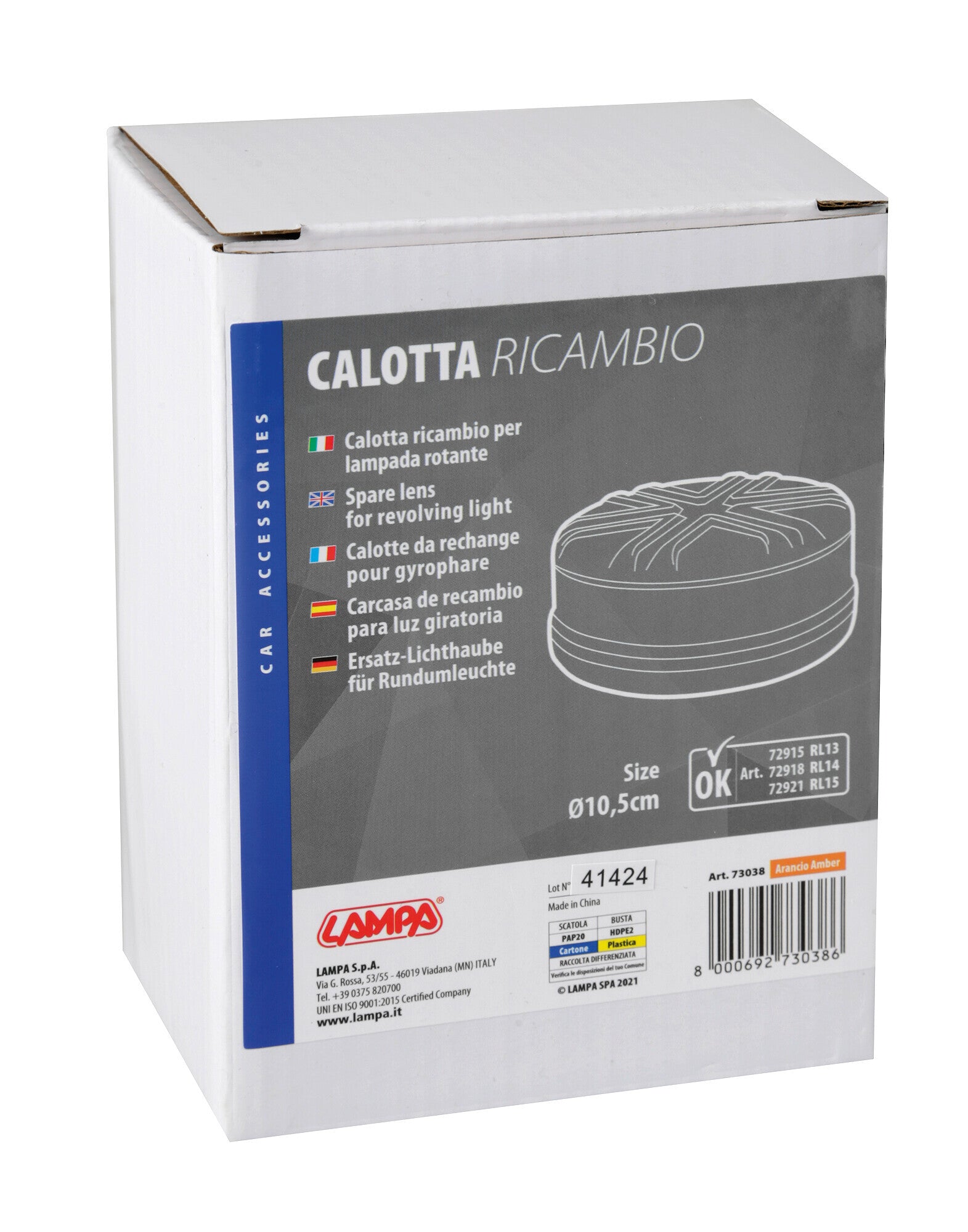Calotta ricambio per luce di segnalazione art. 72915 / 72918 / 72921 - Arancio
