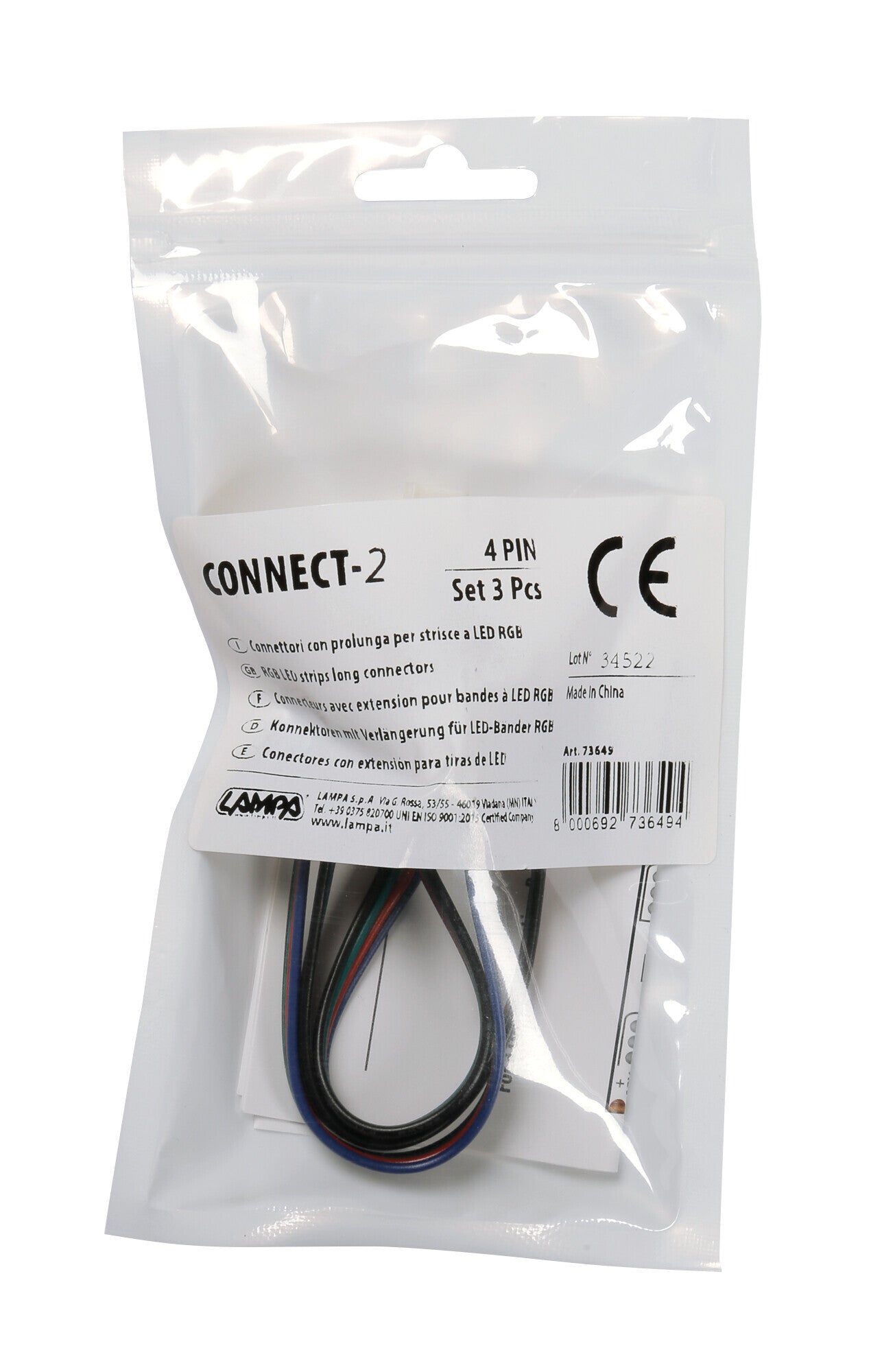 Connect-2, Connettori con prolunga per strisce a Led RGB, set 3 pz