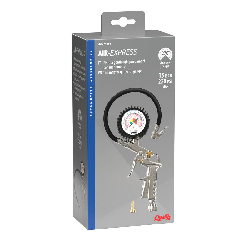 Pistola gonfiaggio pneumatici con manometro 270° - max 15 bar / 220 psi