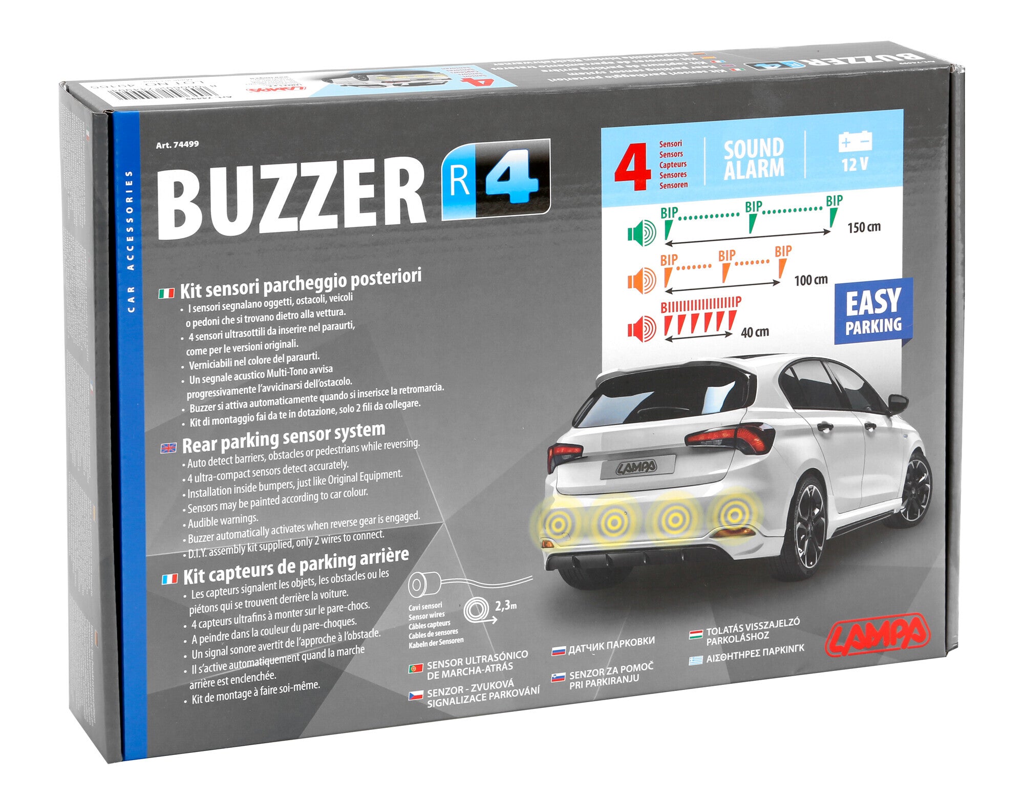 Buzzer R4, kit 4 sensori parcheggio posteriori, 12V