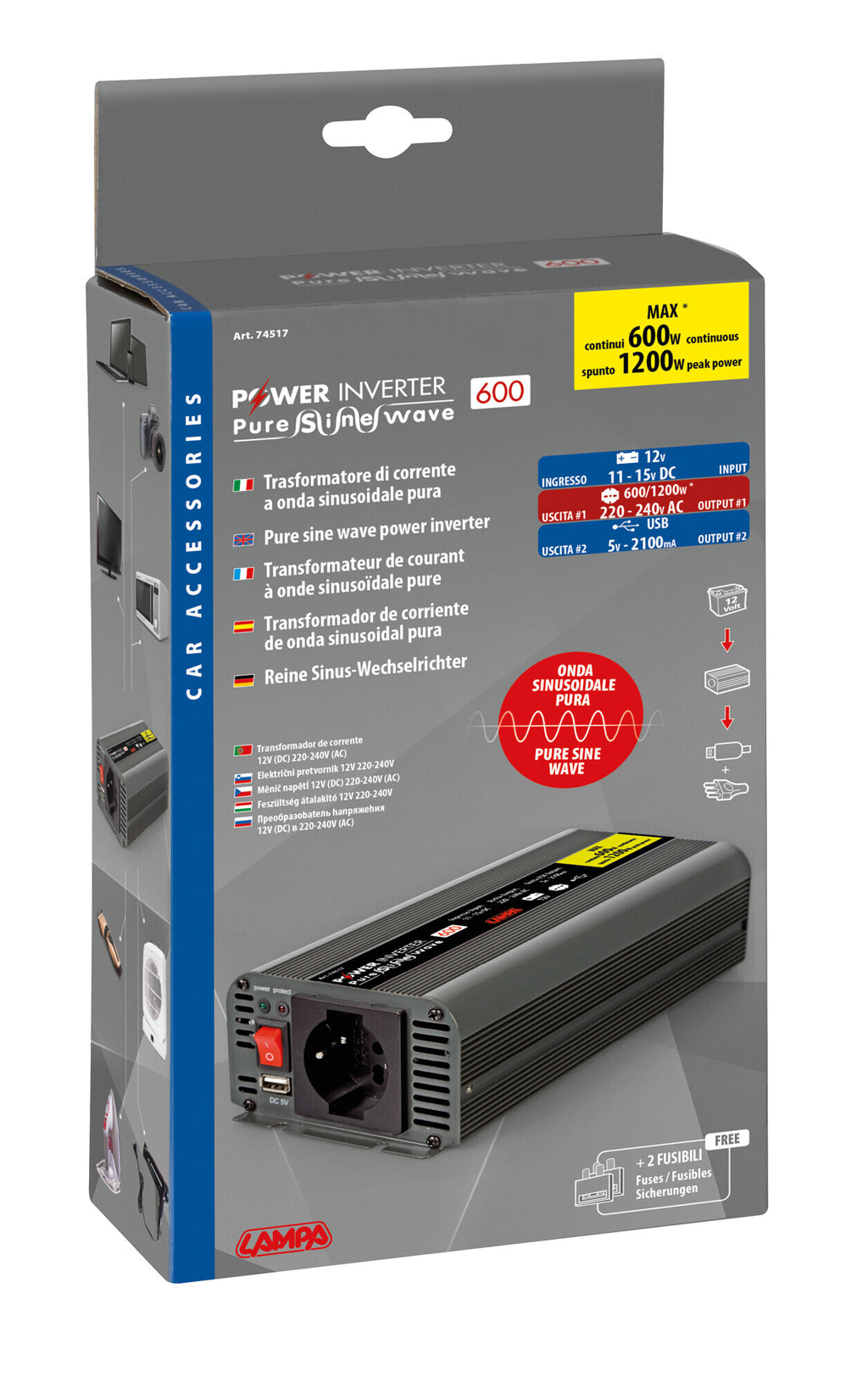 Power Inverter PSW600, trasformatore a onda sinusoidale pura 12V > 230V