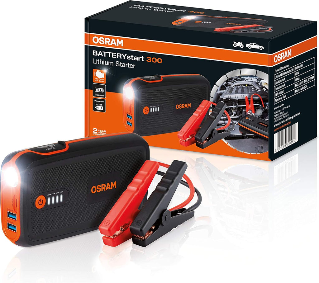 OSRAM BATTERYstart 300, avviatore al Litio da 13.000 mAh per Veicoli con Motore a Benzina Fino a 6l e Motore Diesel da 3l