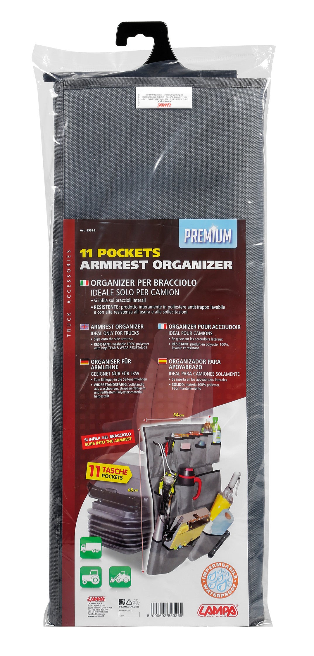 Premium, organizer per bracciolo camion, 11 tasche
