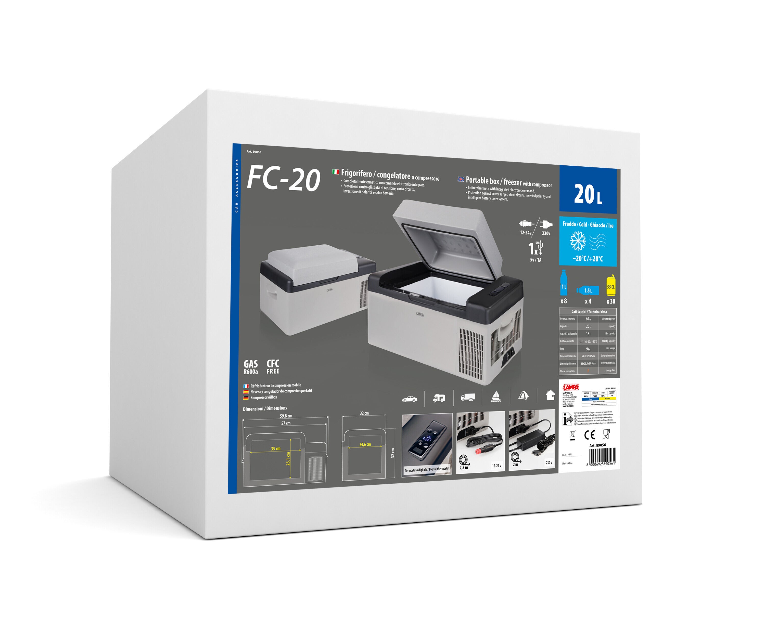 FC-20, frigorifero/congelatore a compressore, 20 litri, 12/24V + 220V