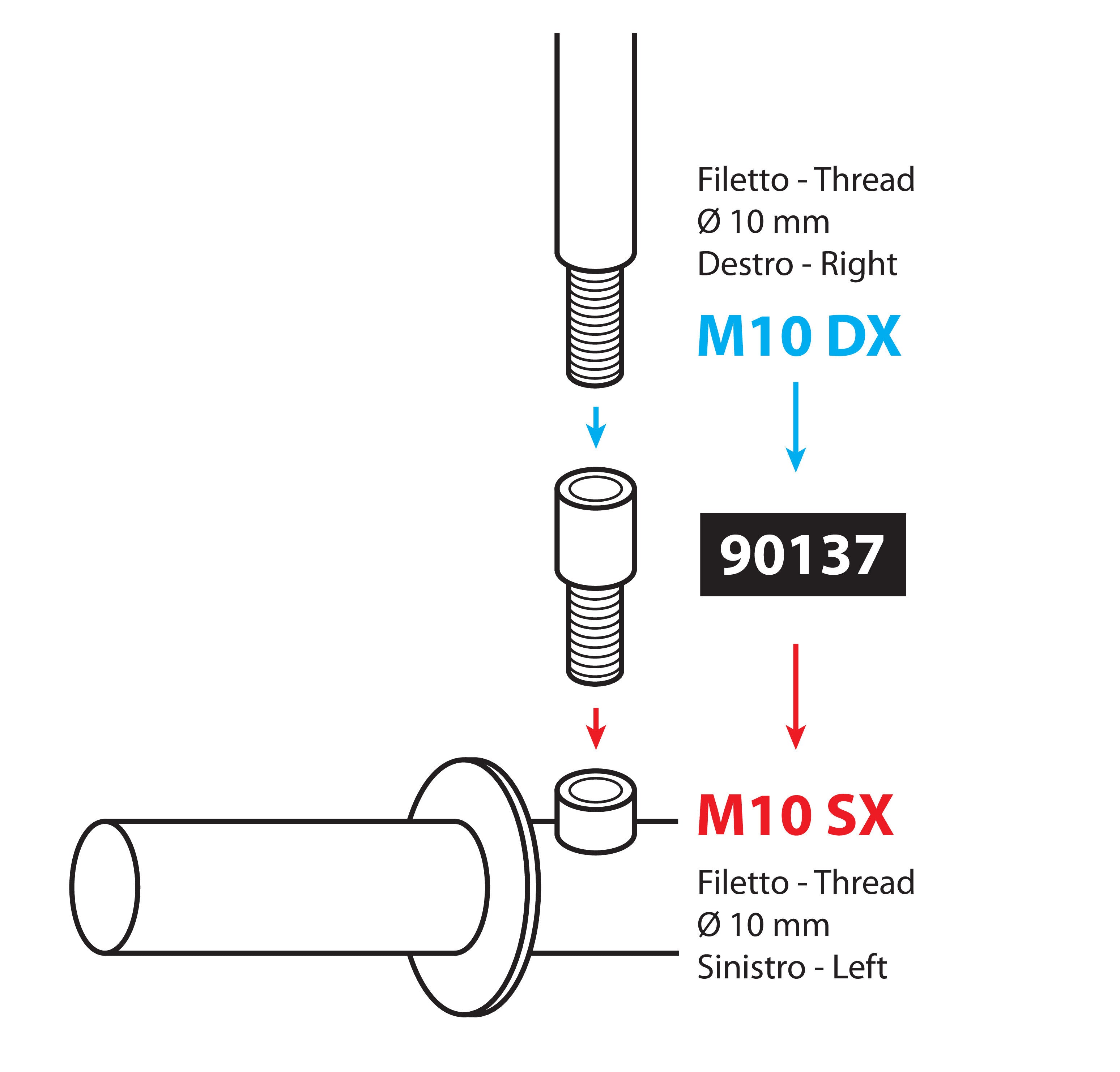 Adattatore per specchi moto - Filetto Ø 10 mm dx > Ø 10 mm sx