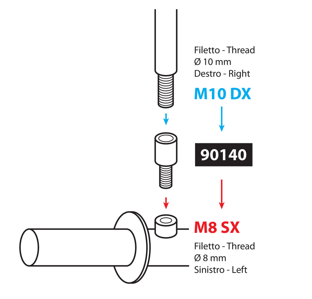Adattatore per specchi moto - Filetto Ø 10 mm dx > Ø 8 mm sx