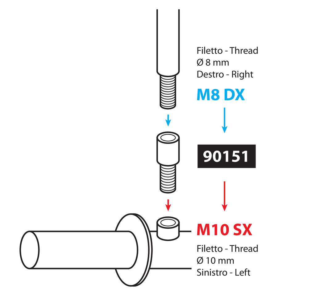 Adattatore per specchi moto - Filetto Ø 8 mm dx > Ø 10 mm sx