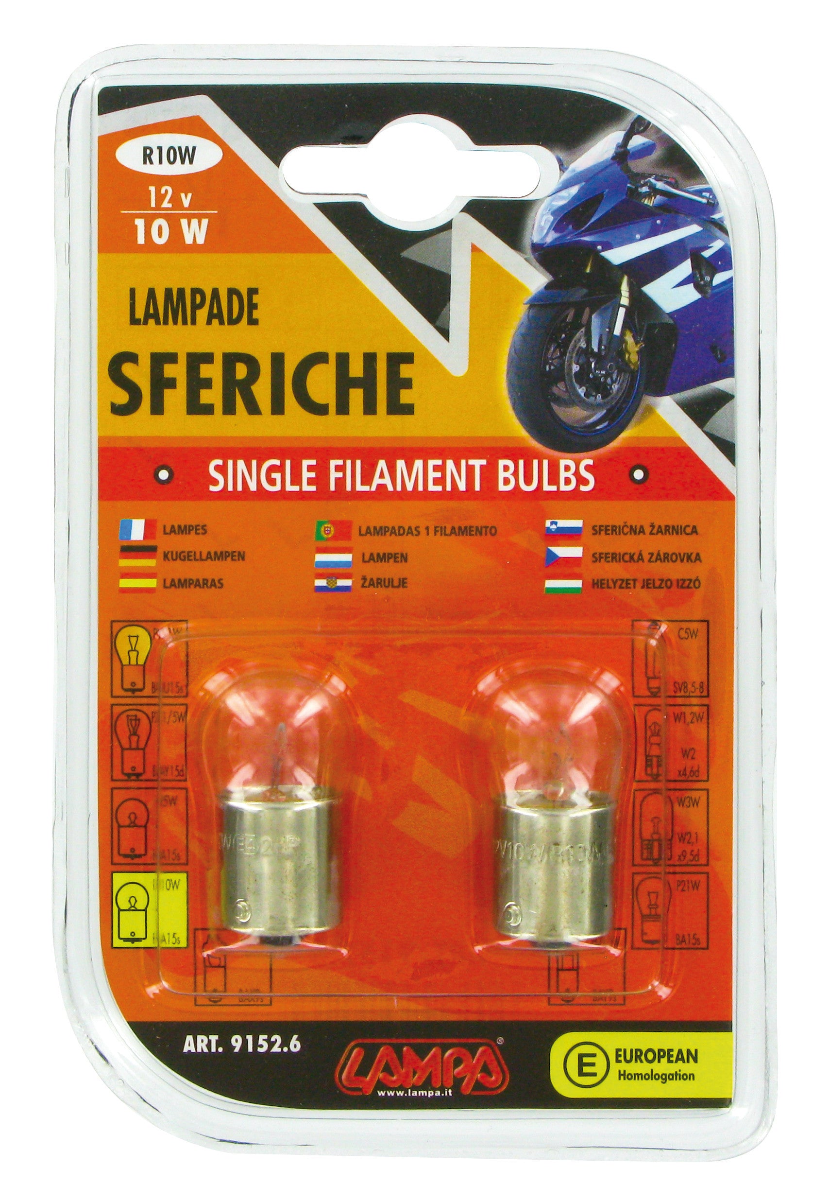 12V Lampada sferica - R10W - 10W - BA15s - 2 pz - D/Blister
