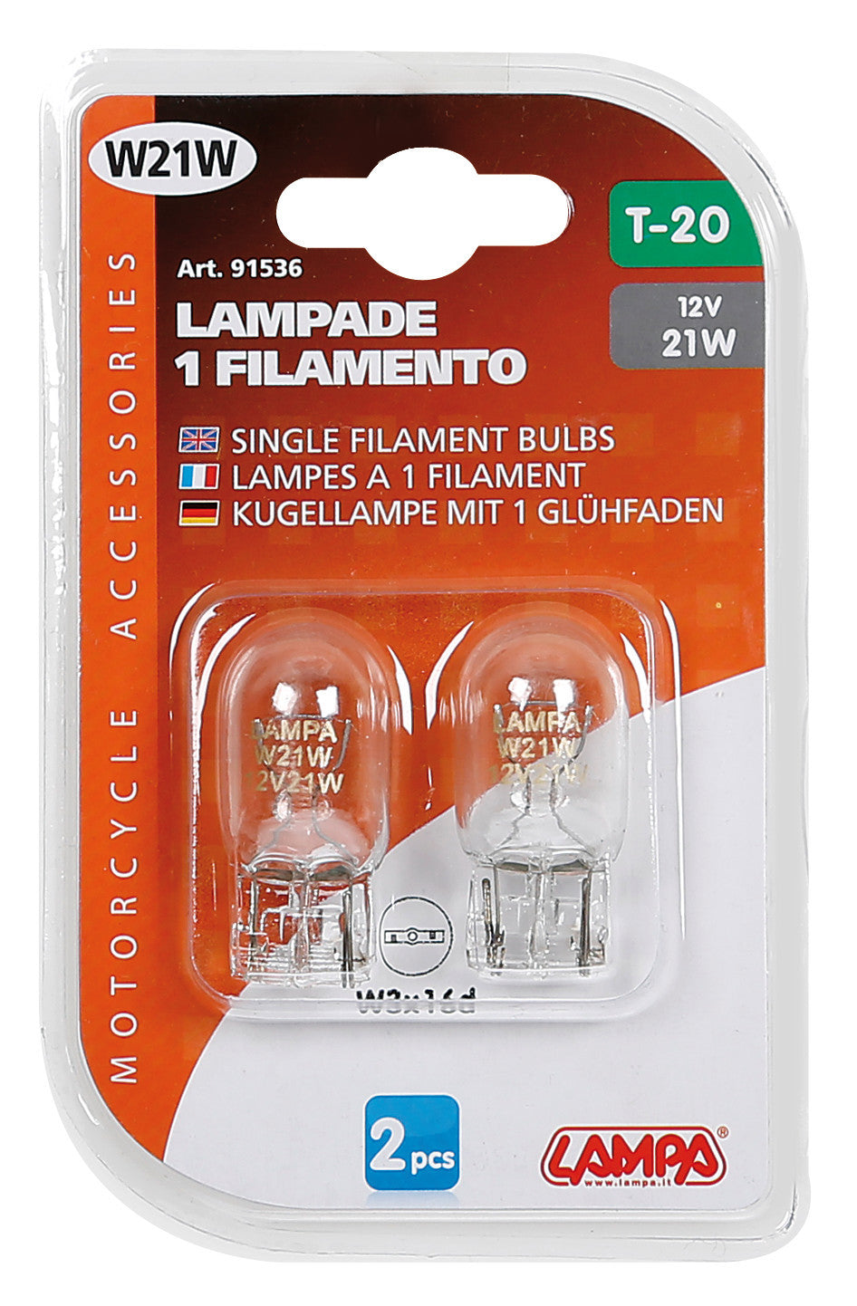 12V Lampada zoccolo vetro - W21W - 21W - W3x16d - 2 pz - D/Blister