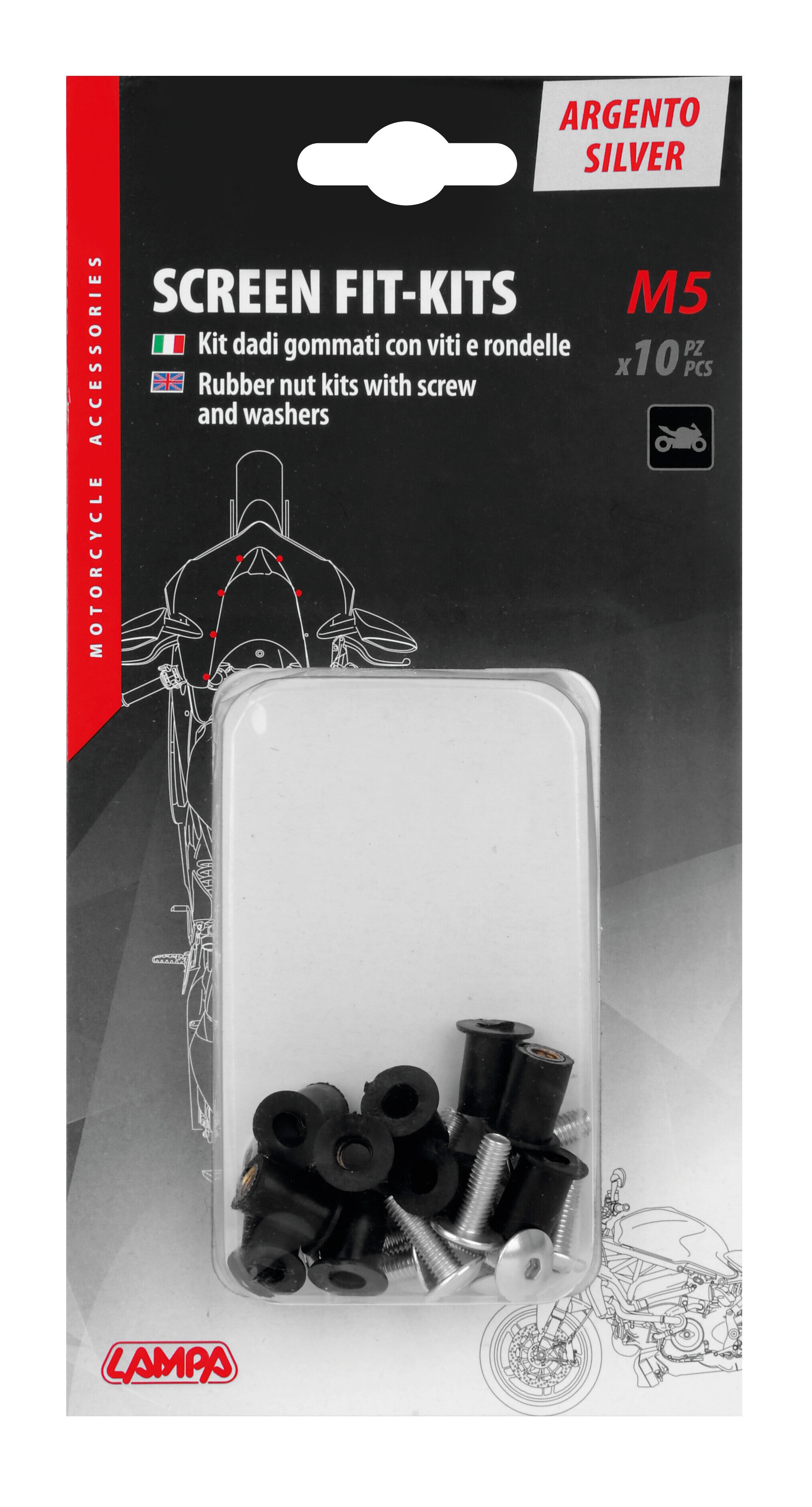 Screen Fit-Kits, kit dadi gommati con viti e rondelle (5 MA) - 10 pz - Argento