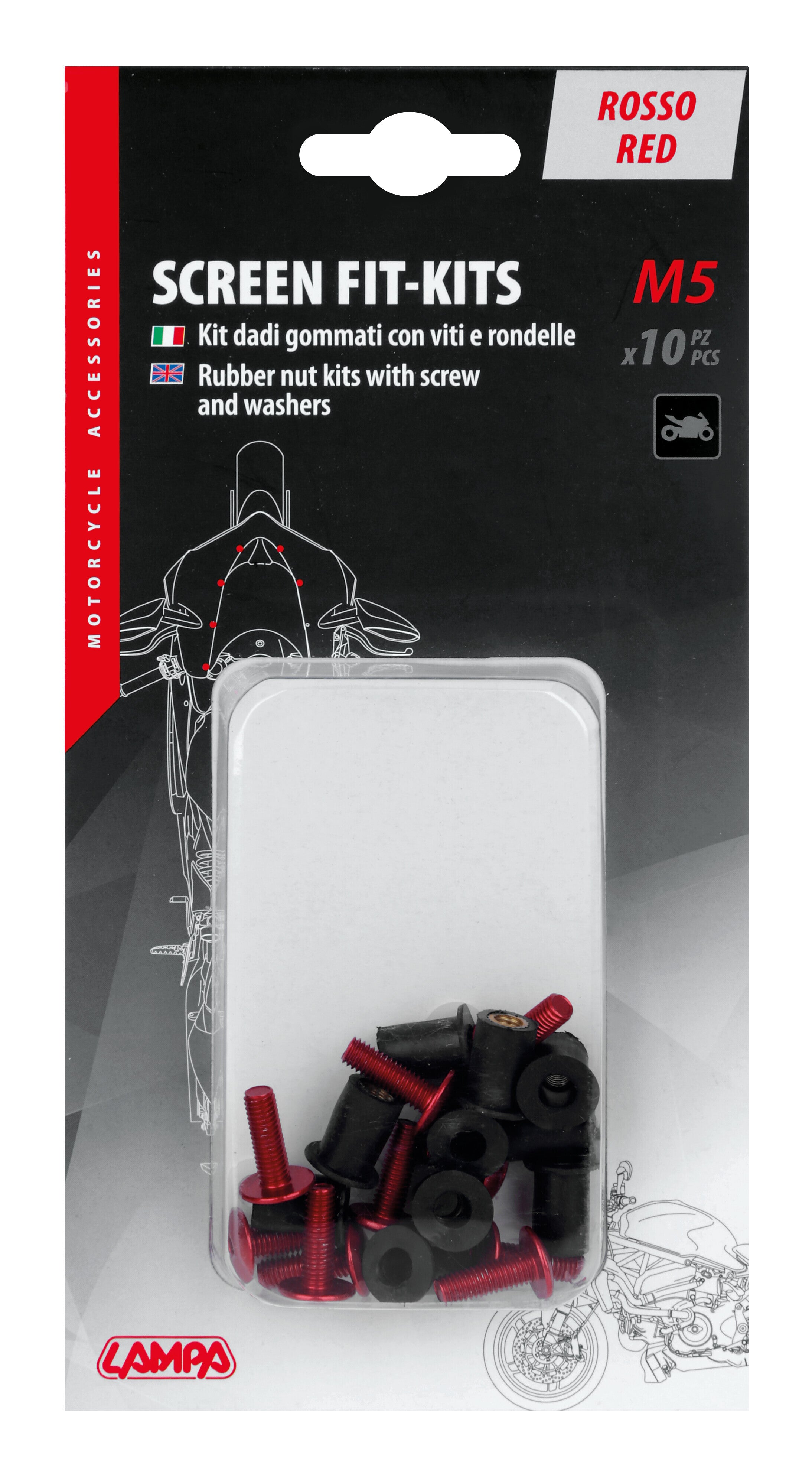 Screen Fit-Kits, kit dadi gommati con viti e rondelle (5 MA) - 10 pz - Rosso