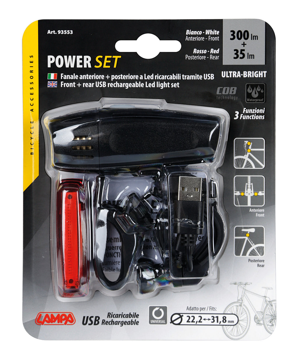 Power, set fanale anteriore + posteriore a Led, ricaricabili USB