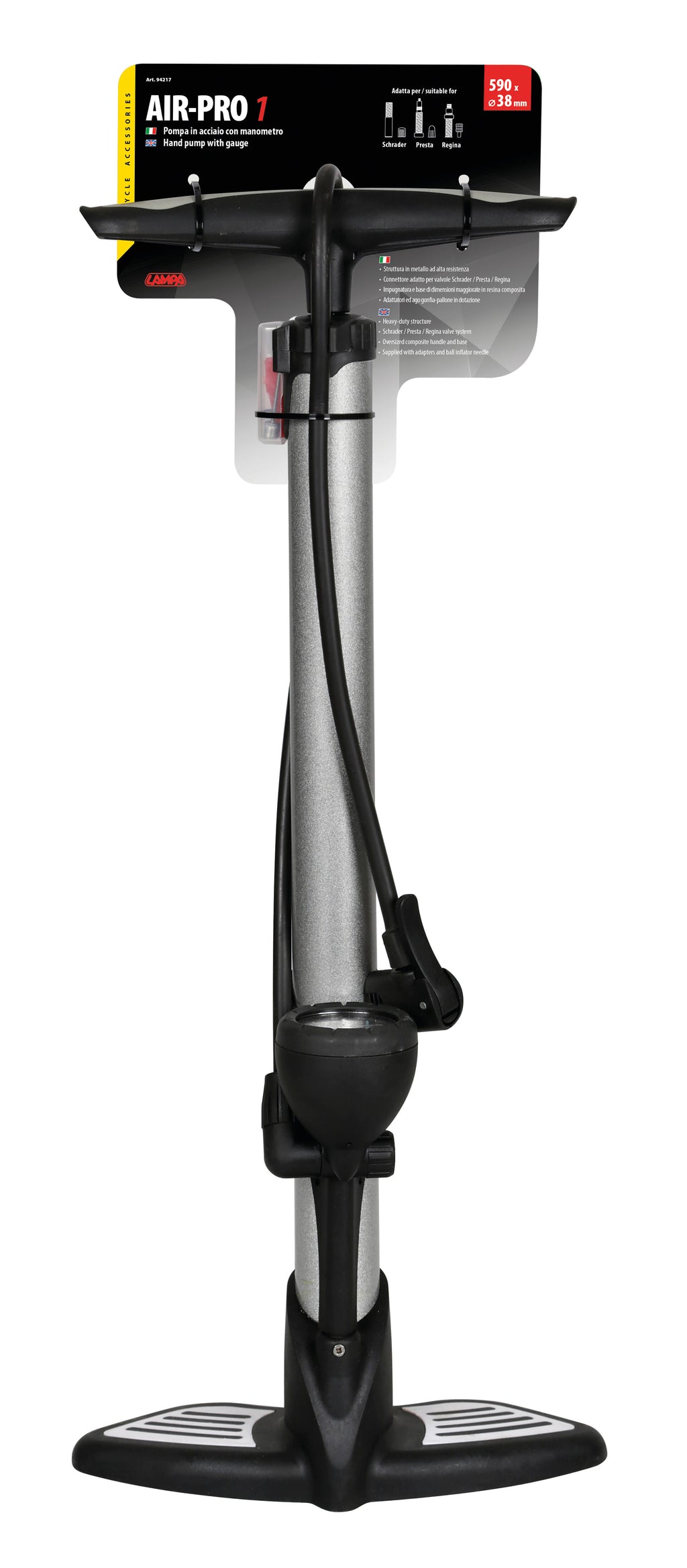 Air-Pro 1, pompa in acciaio con manometro - H 590 mm - Ø 38 mm