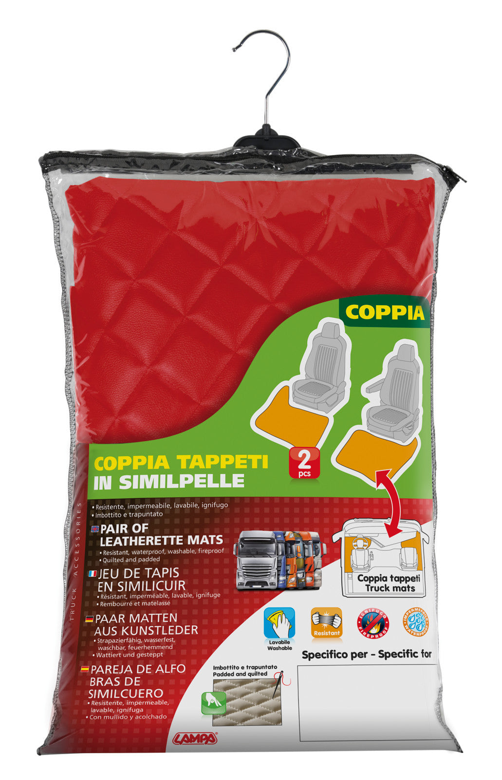 Coppia tappeti in Skeentex - Rosso - compatibile per Mercedes Actros MP4 (09/11>09/19) cabina larga, sedile pass. pieghevole, tunnel - Mercedes Actros MP5 (10/19>) cabina larga, sedile pass. pieghevole, tunnel - Mercedes Actros MP5 L (11/21>) cabina la...