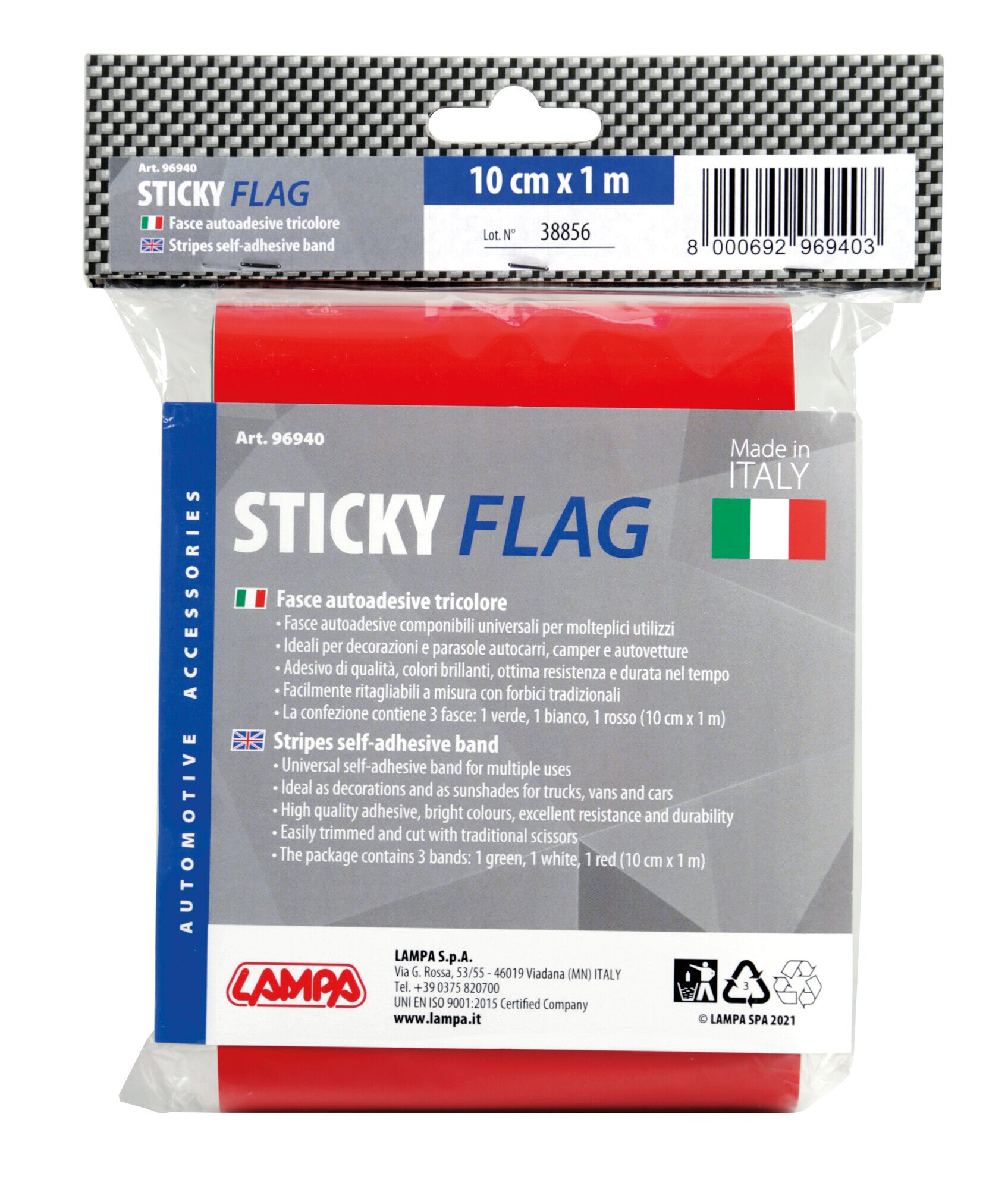 Sticky Maxi-Flag, fascia autoadesiva tricolore Italia - 100x10 cm