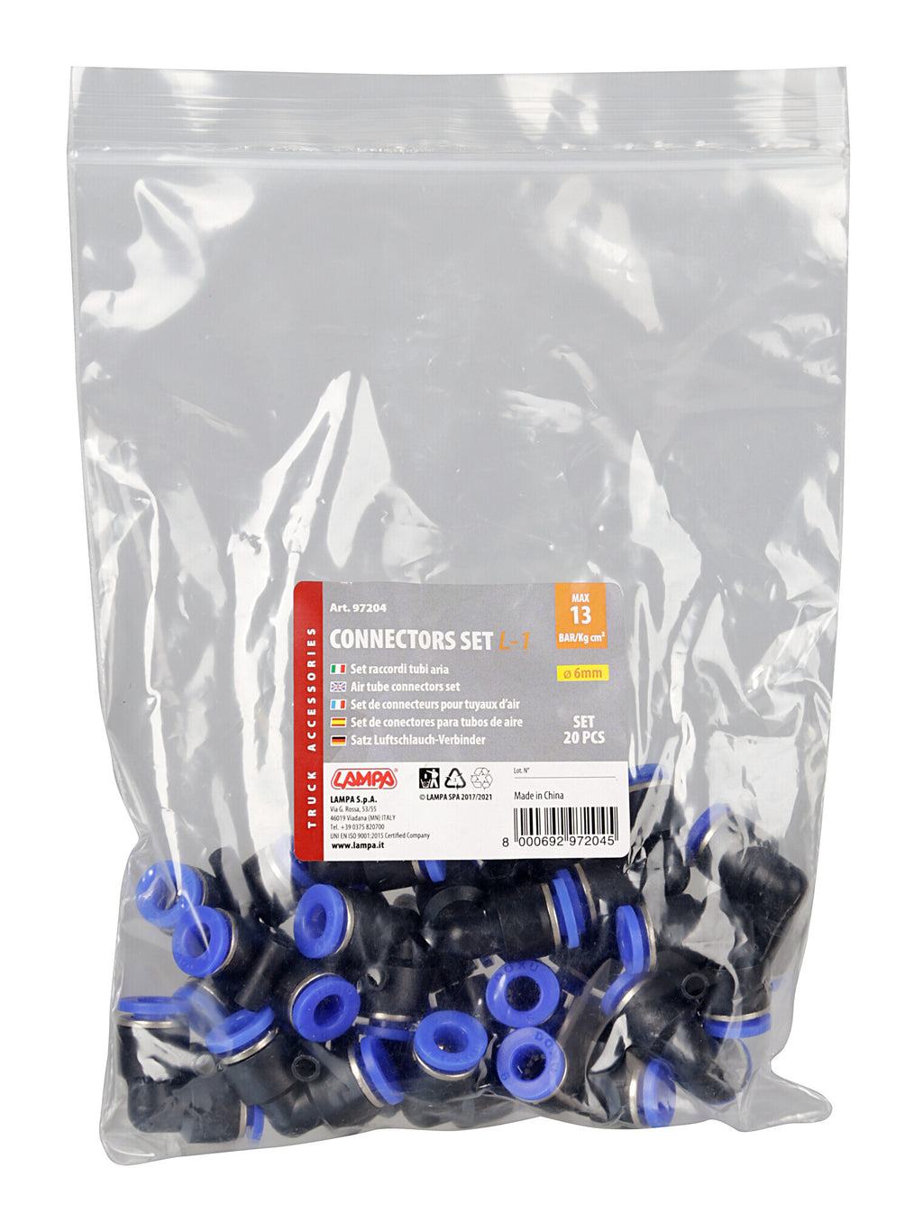 L-1, Raccordi a 90° per tubi aria, set 20 pz - Ø 6 mm