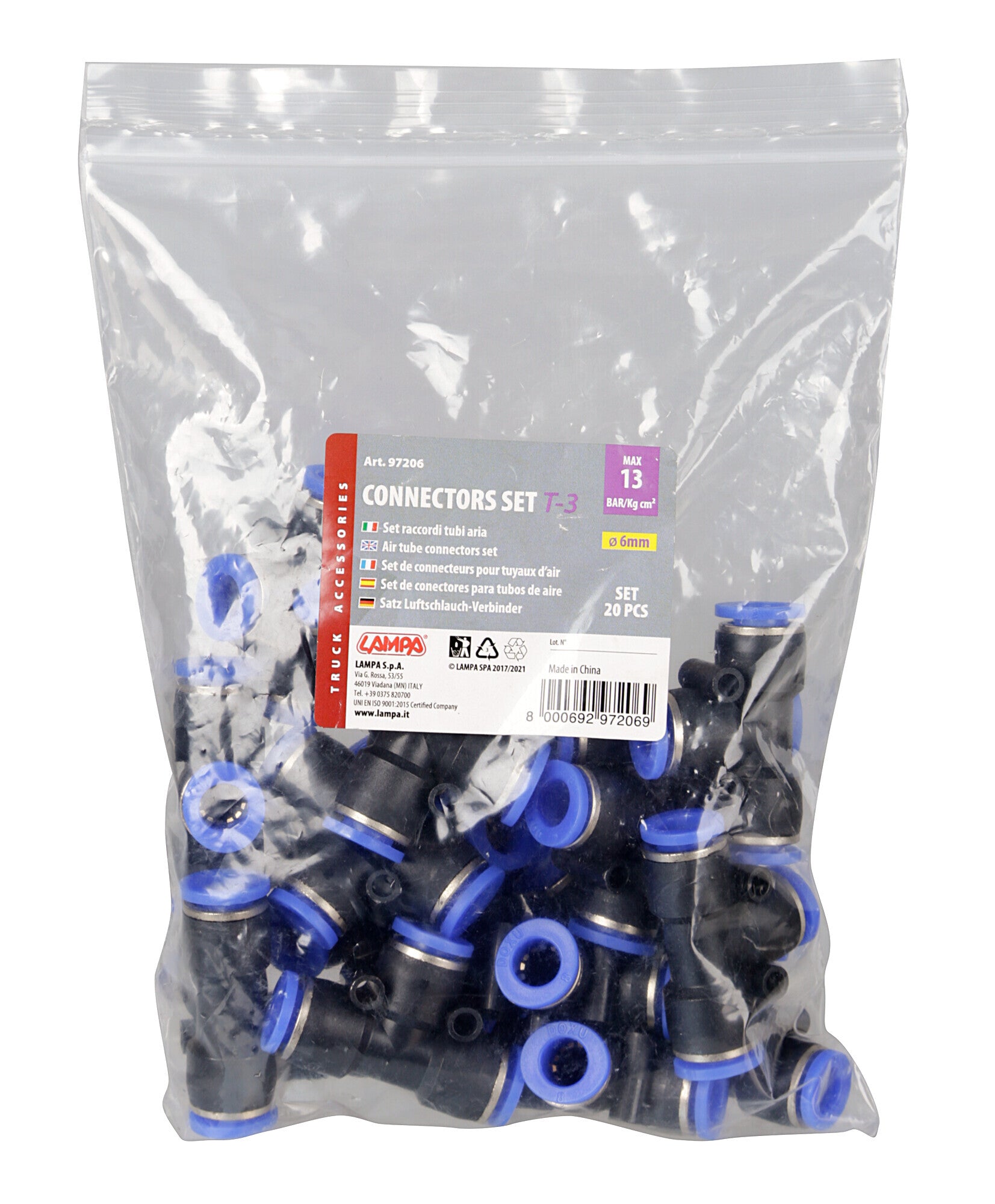 T-3, raccordo tubi aria, set 20 pz - Ø 6 mm