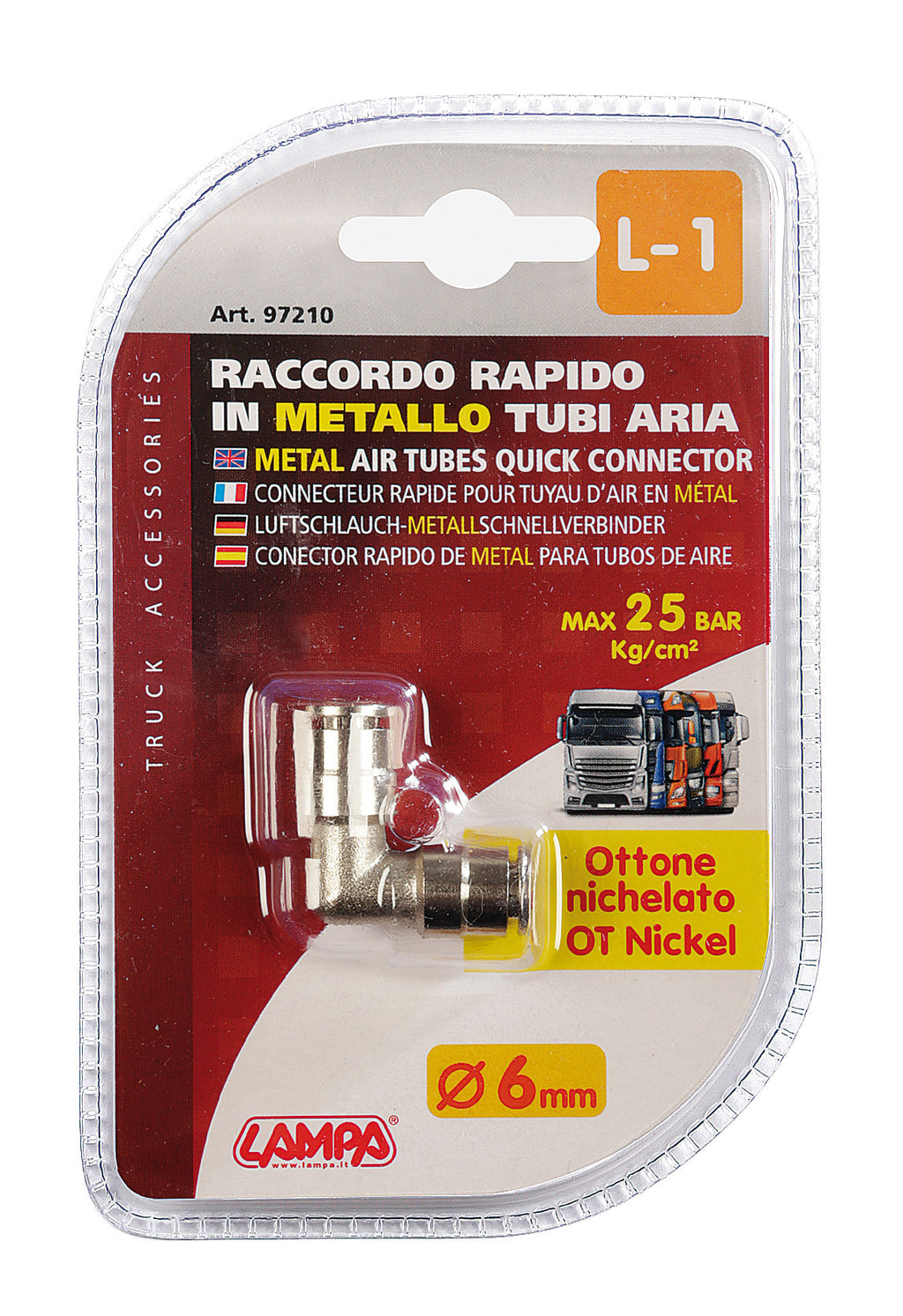 L-1, Raccordo a 90° in metallo, per tubi aria - Ø 6 mm