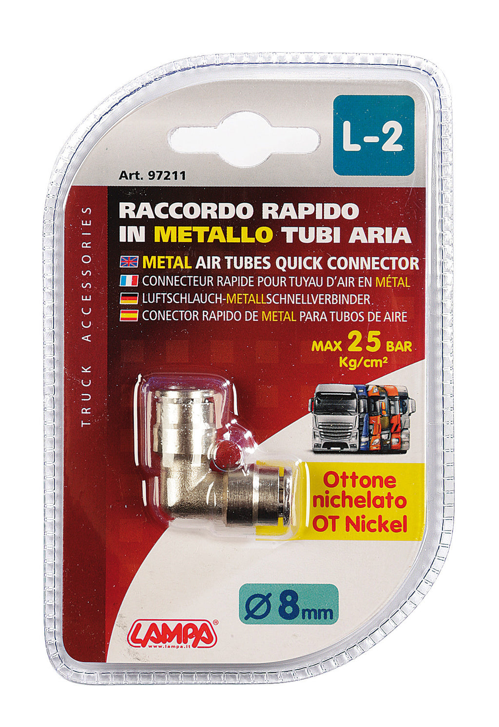 L-2, Raccordo a 90° in metallo, per tubi aria - Ø 8 mm