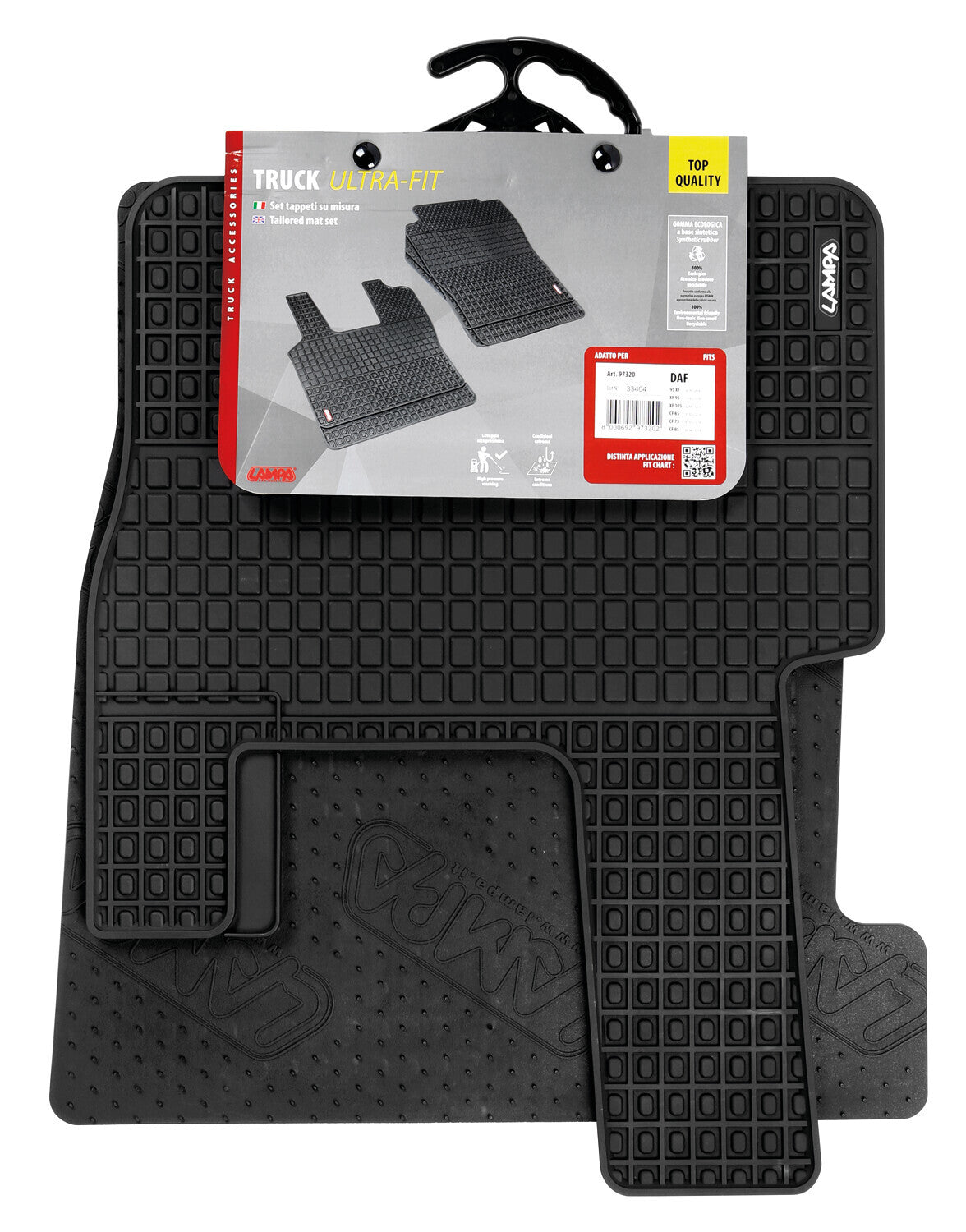 Coppia tappeti su misura in Eco Gomma - compatibile per Daf 95XF (01/97>09/03) - Daf CF (07/13>) - Daf CF65 (01/01>12/14) - Daf CF75 (01/01>12/14) - Daf CF85 (04/06>12/14) - Daf XF 105 (02/04>12/14) - Daf XF 95 (11/01>12/07)