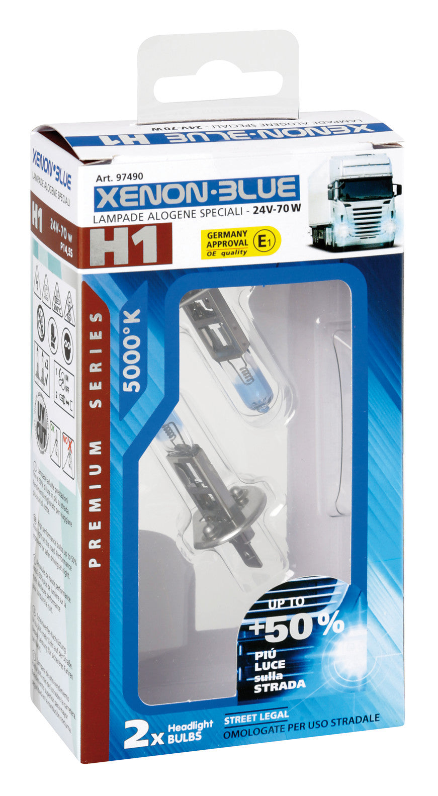 24V Lampada alogena Xenon Blue +50% luce - H1 - 70W - P14,5s - 2 pz - Scatola