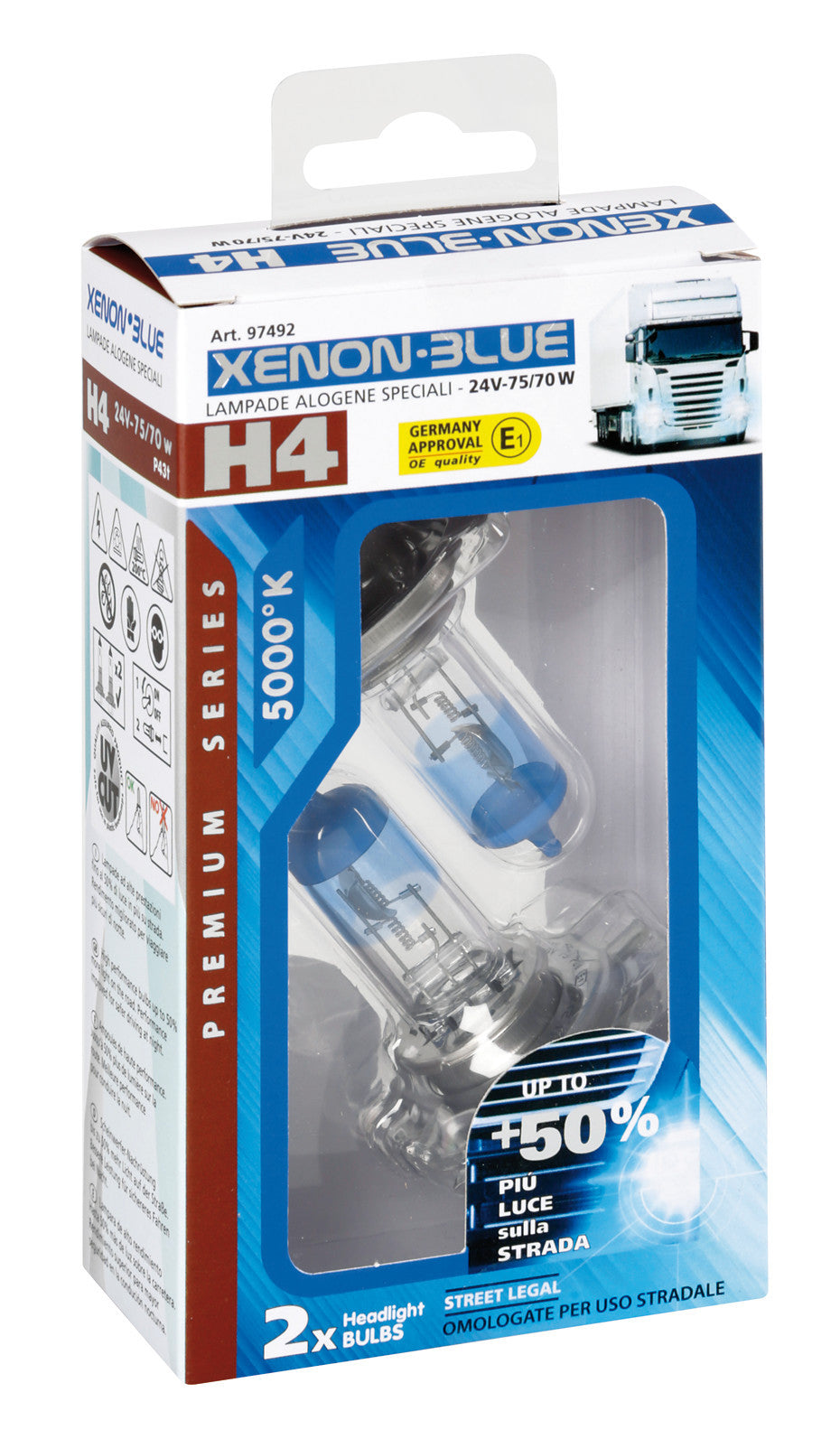 24V Lampada alogena Xenon Blue +50% luce - H4 - 75/70W - P43t - 2 pz - Scatola