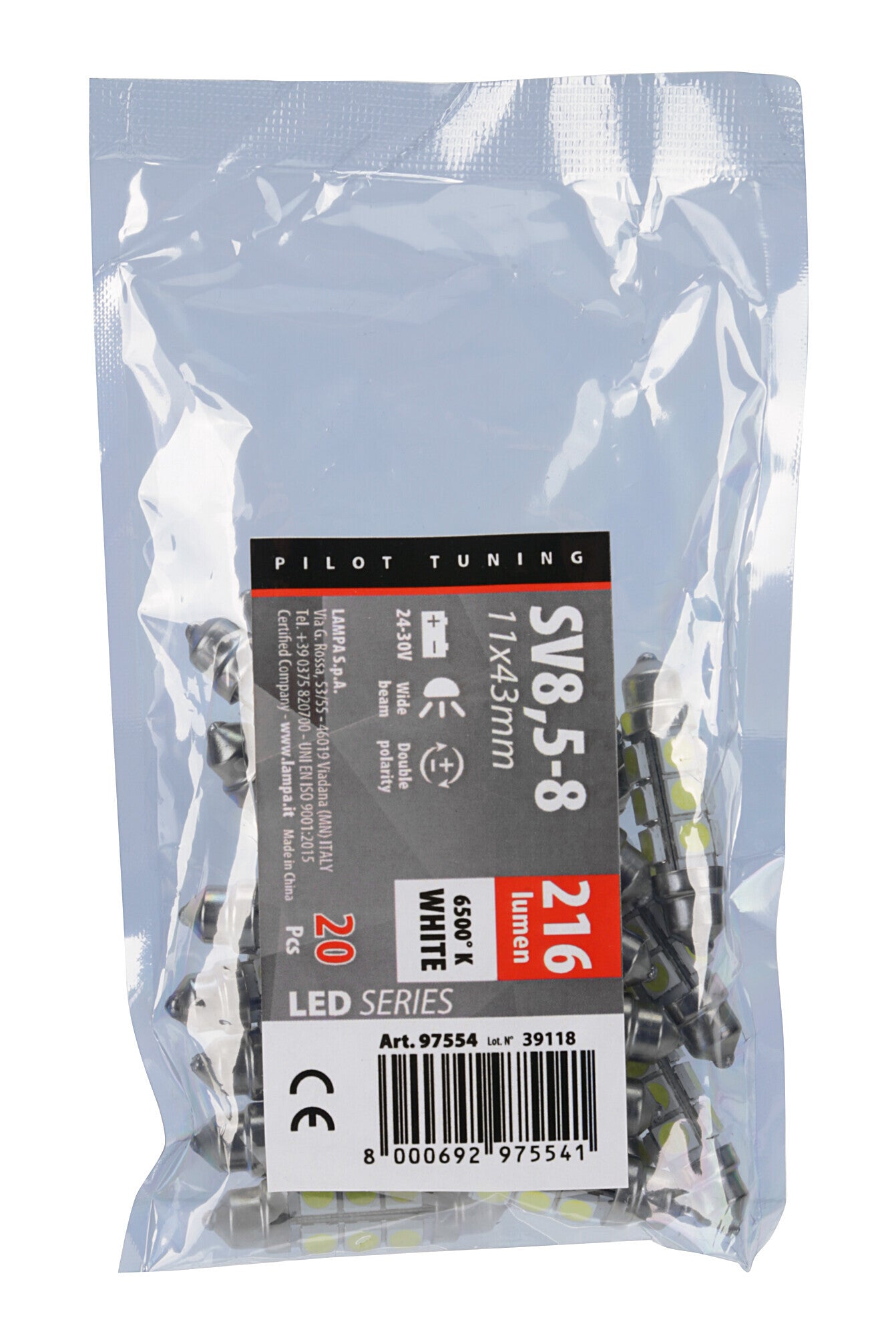 24V Led Series - 12 Led SMD - 11x43 mm - SV8,5-8 - 20 pz - Busta - Bianco - Doppia polarità
