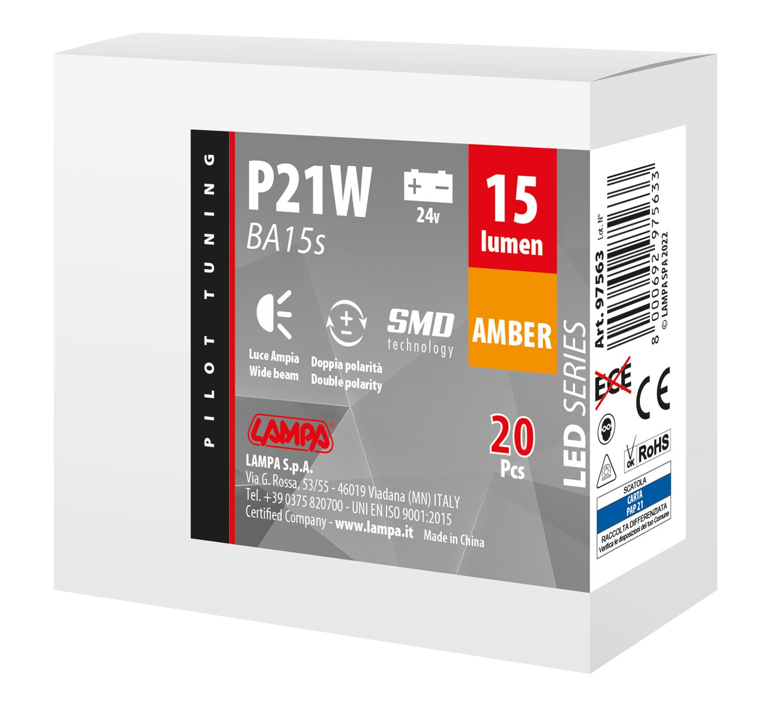 24V Led Series - 4 SMD x 1 chip - (P21W) - BA15s - 20 pz - Scatola - Arancio - Doppia polarità