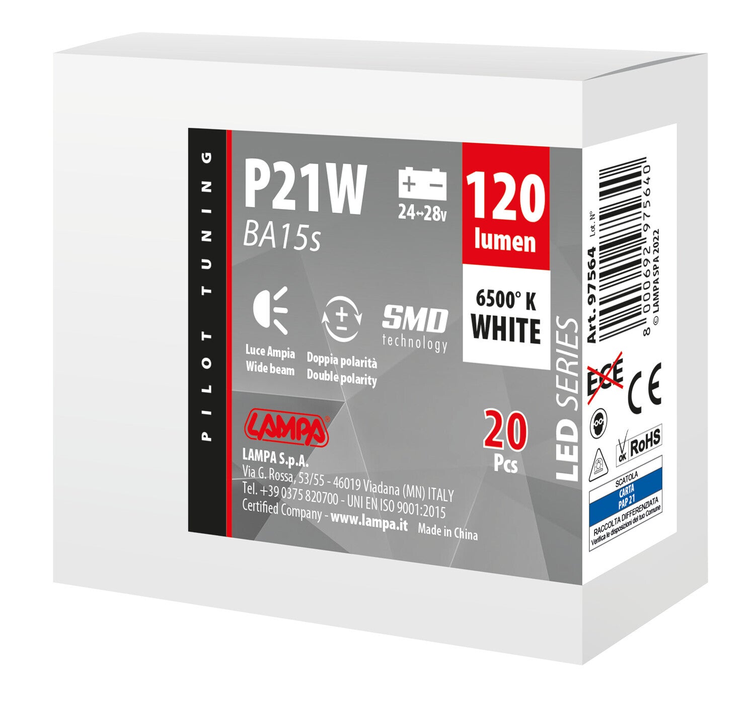 24V Led Series - 8 SMD x 1 chip - (P21W) - BA15s - 20 pz - Scatola - Bianco - Doppia polarità