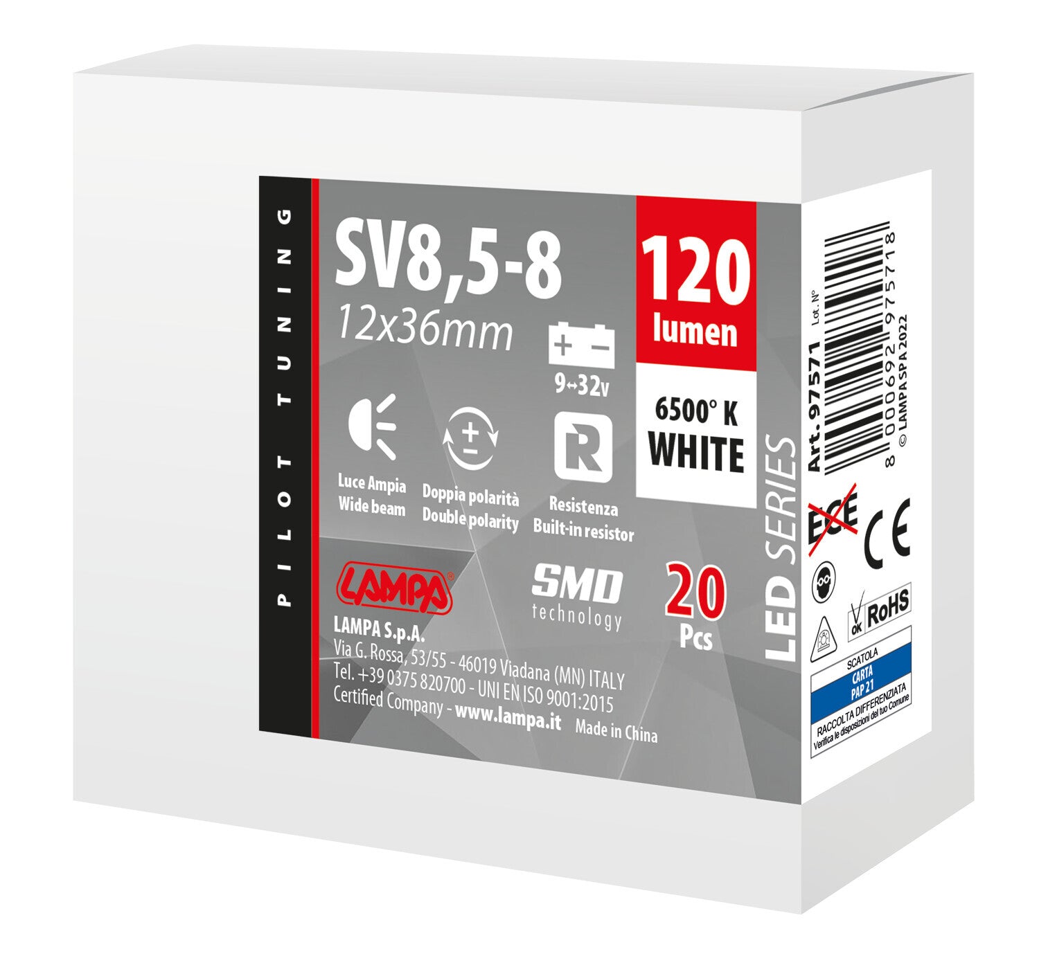 12/24V Led Series 2 SMD x 1 chip - 12x36 mm - SV8,5-8 - 20 pz - Scatola - Bianco - Doppia polarità - Resistenza incorporata