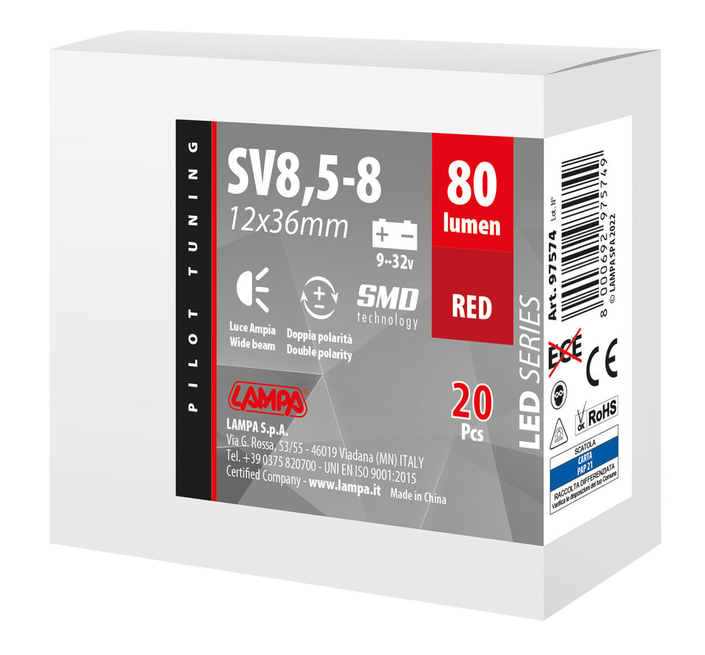12/24V Led Series 2 SMD x 1 chip - 12x36 mm - SV8,5-8 - 20 pz - Scatola - Rosso - Doppia polarità - Resistenza incorporata