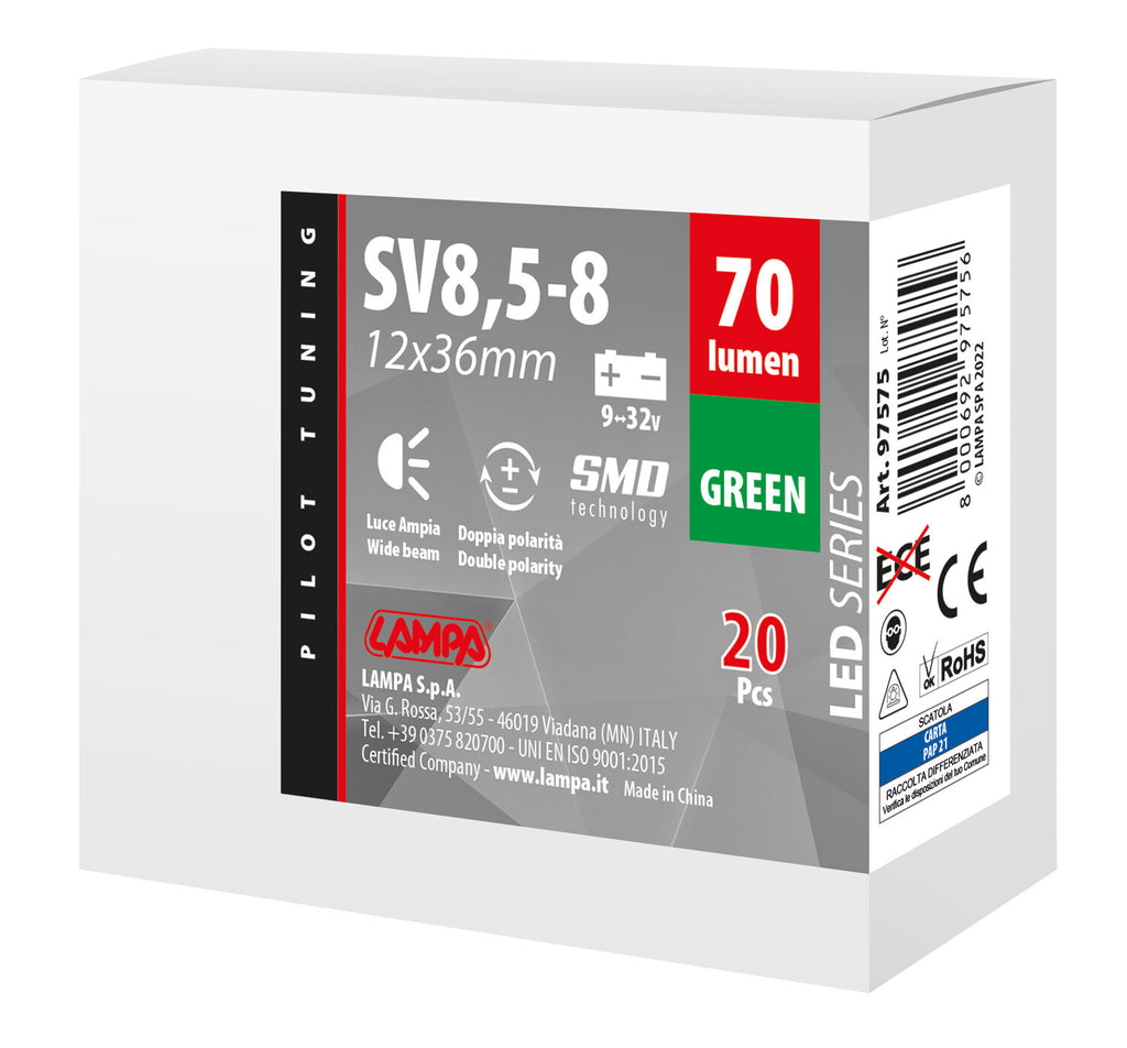 12/24V Led Series 2 SMD x 1 chip - 12x36 mm - SV8,5-8 - 20 pz - Scatola - Verde - Doppia polarità - Resistenza incorporata