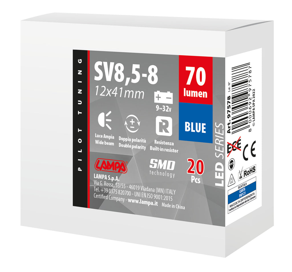 12/24V Led Series 2 SMD x 1 chip - 12x41 mm - SV8,5-8 - 20 pz - Scatola - Blu - Doppia polarità - Resistenza incorporata
