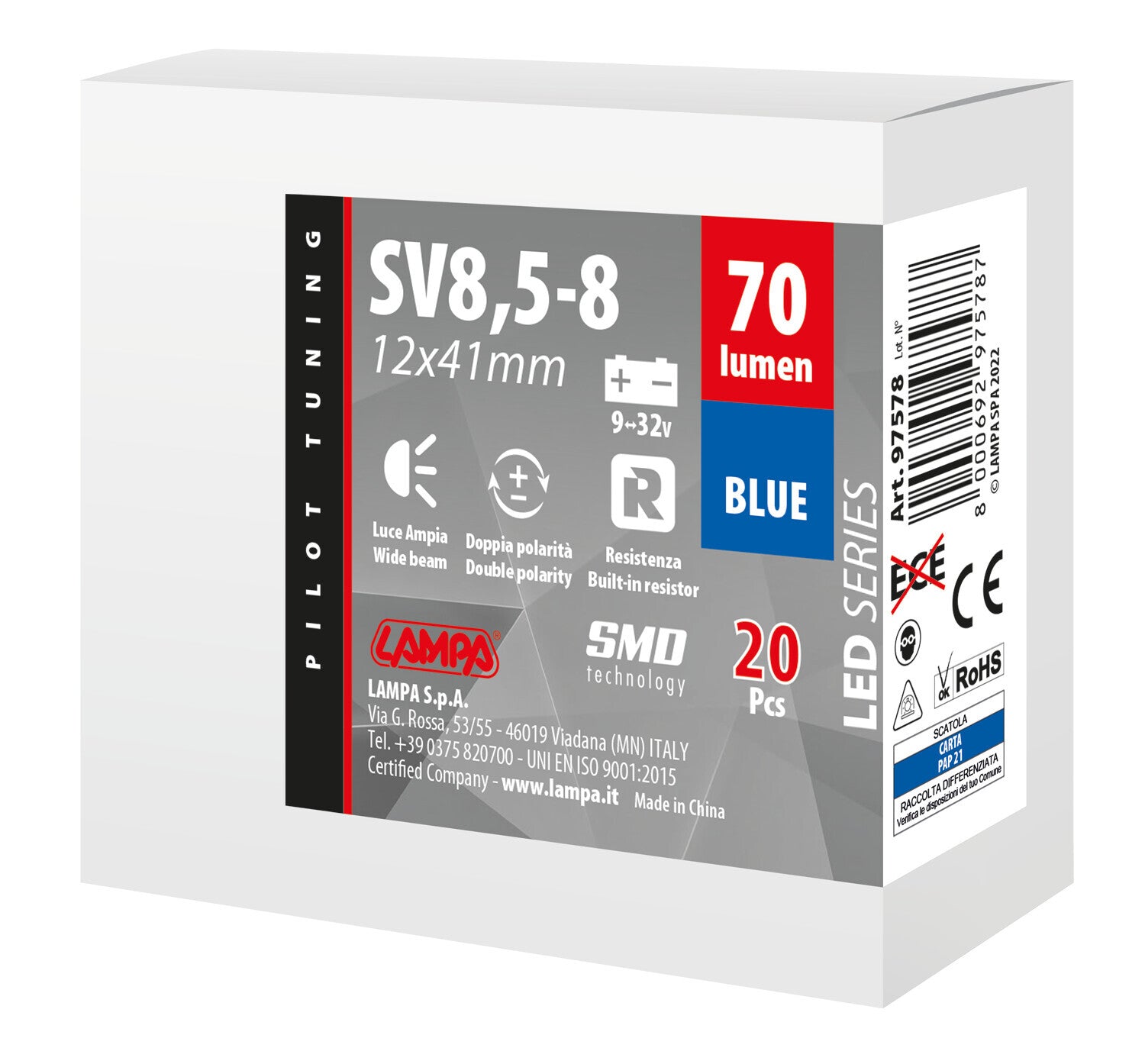 12/24V Led Series 2 SMD x 1 chip - 12x41 mm - SV8,5-8 - 20 pz - Scatola - Blu - Doppia polarità - Resistenza incorporata
