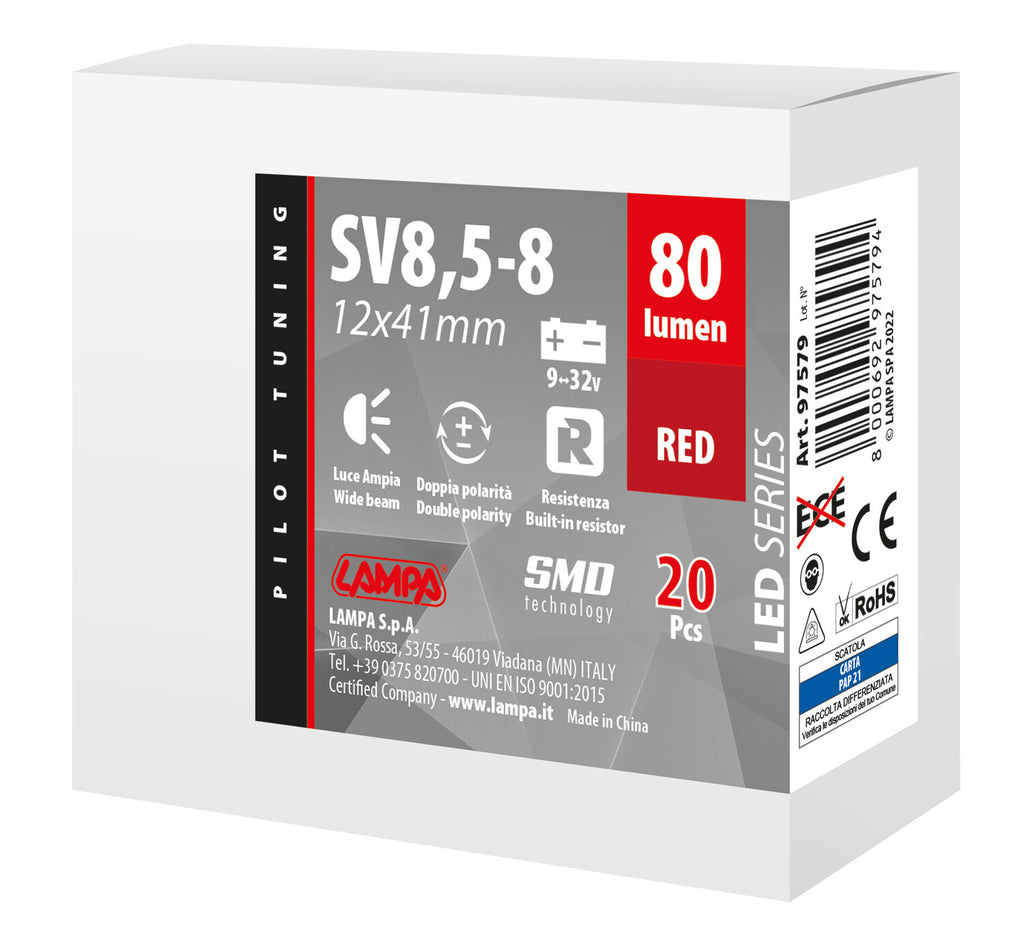 12/24V Led Series 2 SMD x 1 chip - 12x41 mm - SV8,5-8 - 20 pz - Scatola - Rosso - Doppia polarità - Resistenza incorporata