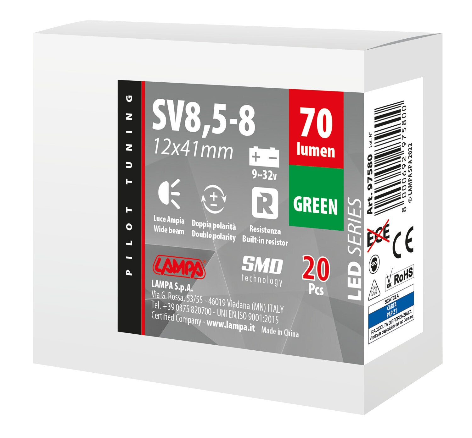 12/24V Led Series 2 SMD x 1 chip - 12x41 mm - SV8,5-8 - 20 pz - Scatola - Verde - Doppia polarità - Resistenza incorporata