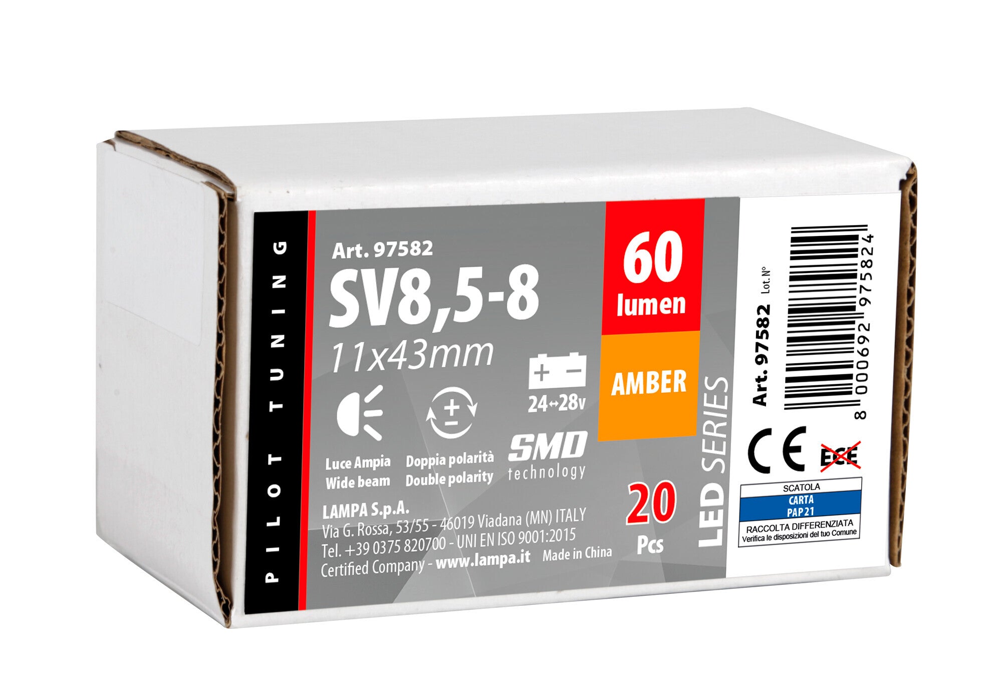 24V Led Series - 12 Led SMD - 11x43 mm - SV8,5-8 - 20 pz - Scatola - Arancio - Doppia polarità