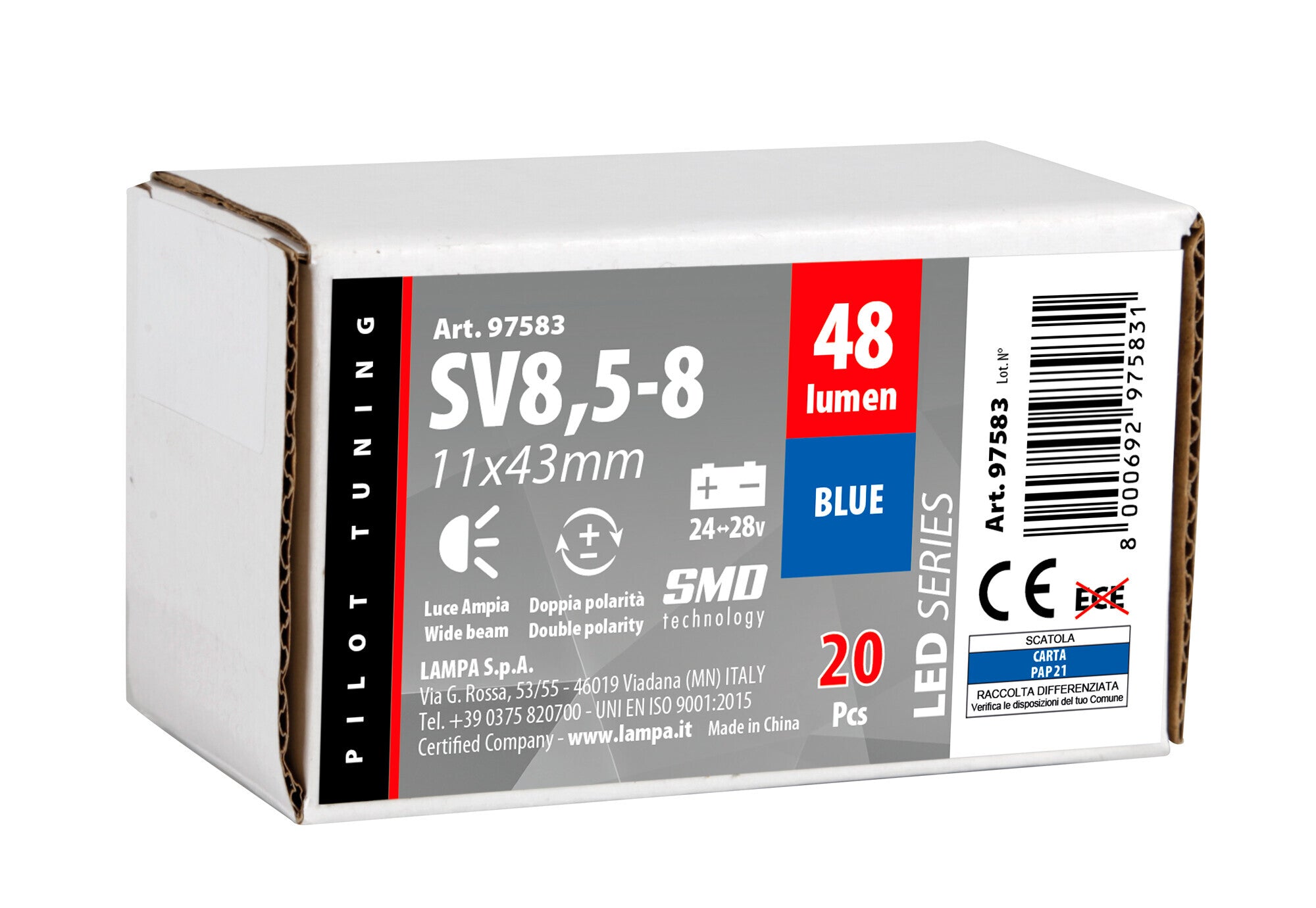 24V Led Series - 12 Led SMD - 11x43 mm - SV8,5-8 - 20 pz - Scatola - Blu - Doppia polarità