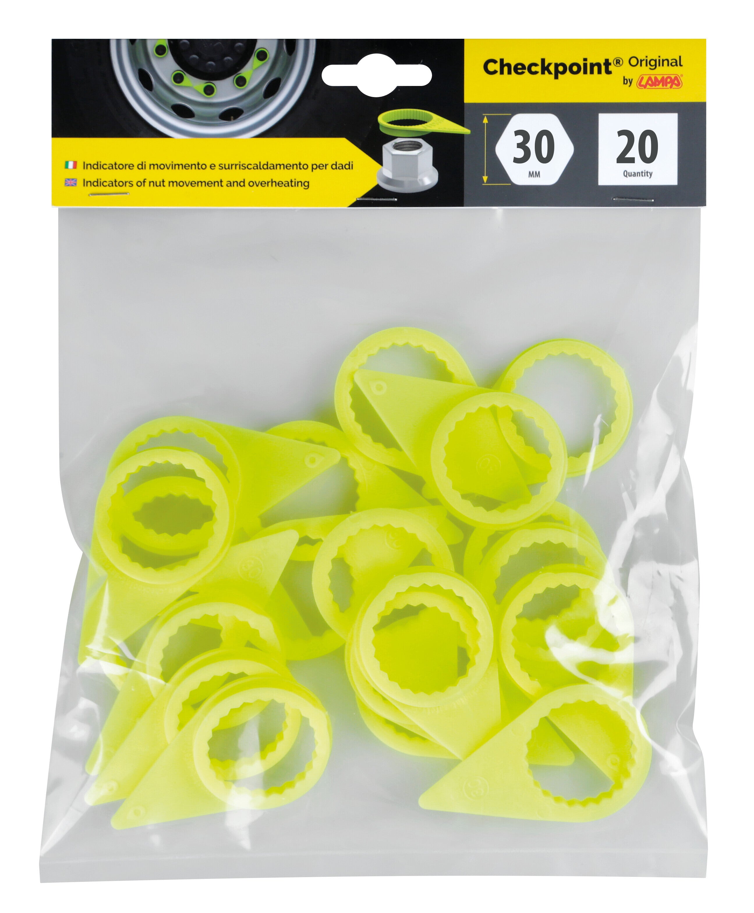 Checkpoint®, indicatori di serraggio per dado ruota, set 20 pz - 30 mm - Giallo fluo