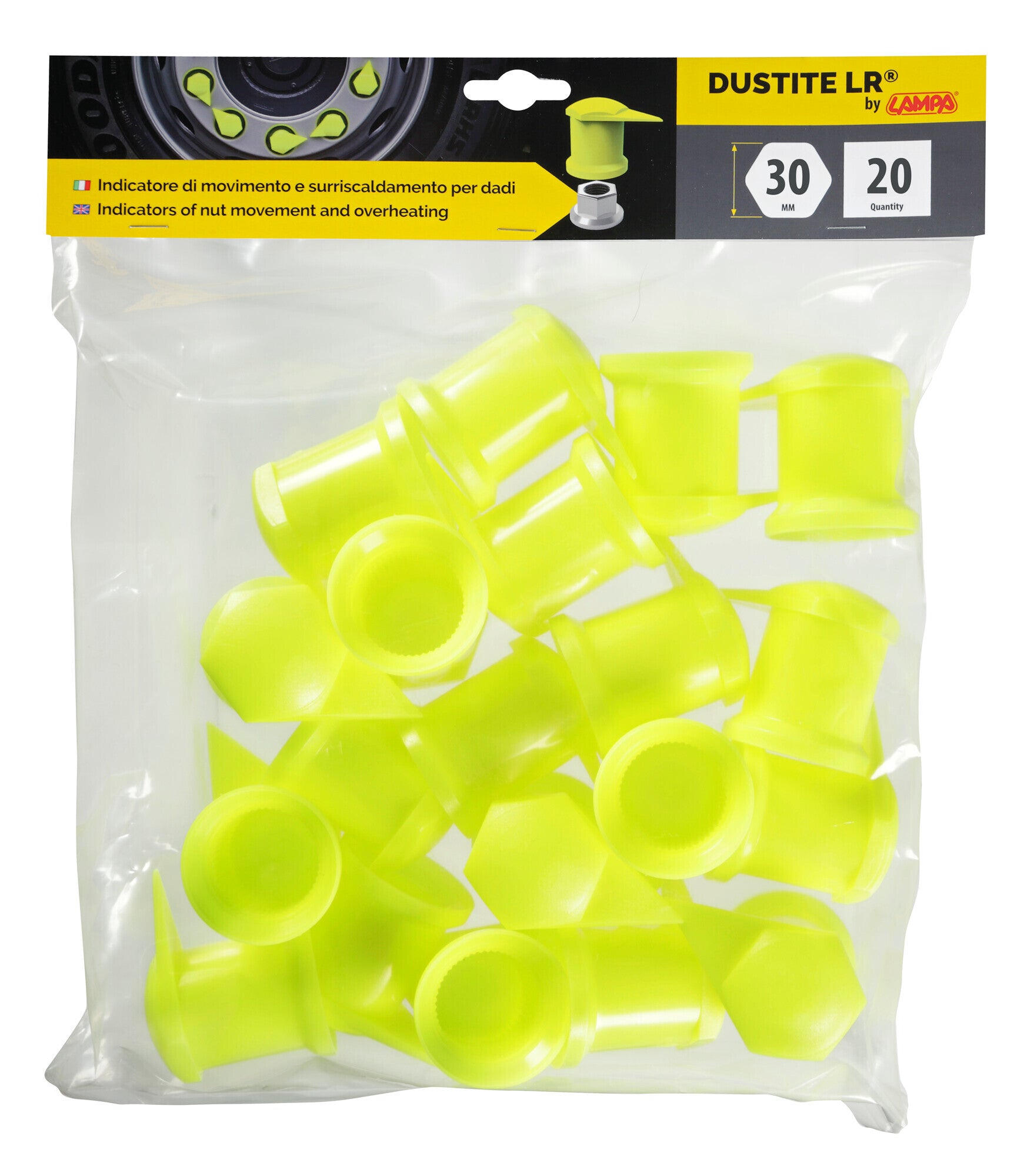 Dustite LR®, indicatori di serraggio per dado ruota con cappuccio antipolvere, set 20 pz - 30 mm - Giallo fluo