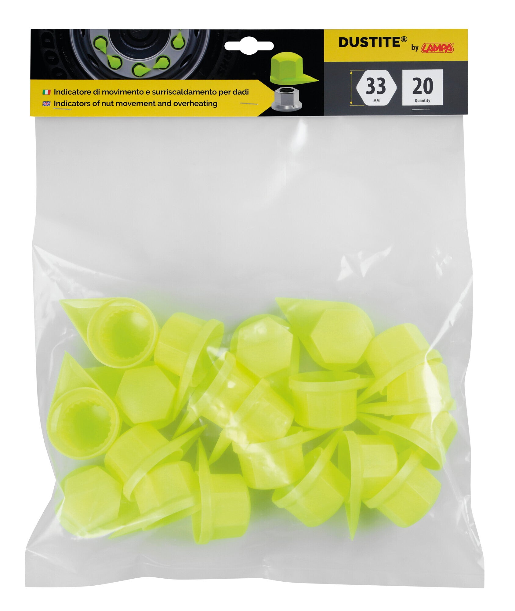 Dustite®, indicatori di serraggio per dado ruota con cappuccio antipolvere, set 20 pz - 33 mm - Giallo fluo